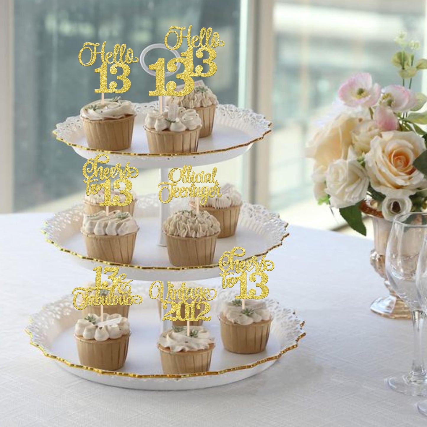 Rssta i Cupcake Toppers 24 Pack Gold Glitter 13th Birthday Decorations