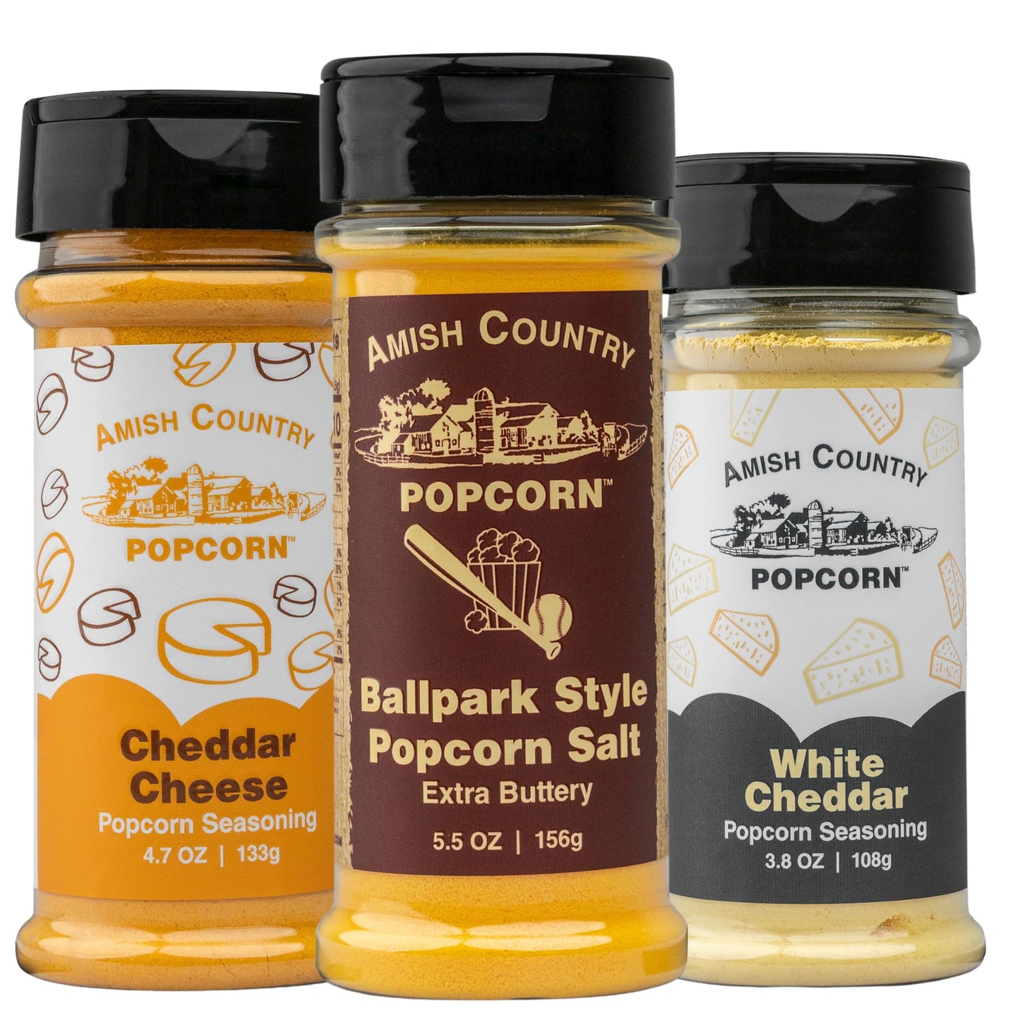 Amish Country Popcorn | BallPark Style Buttersalt - 5.5 oz, Cheddar Cheese - 4.7 oz & White Cheddar Cheese - 3.8 oz Popcorn Seas
