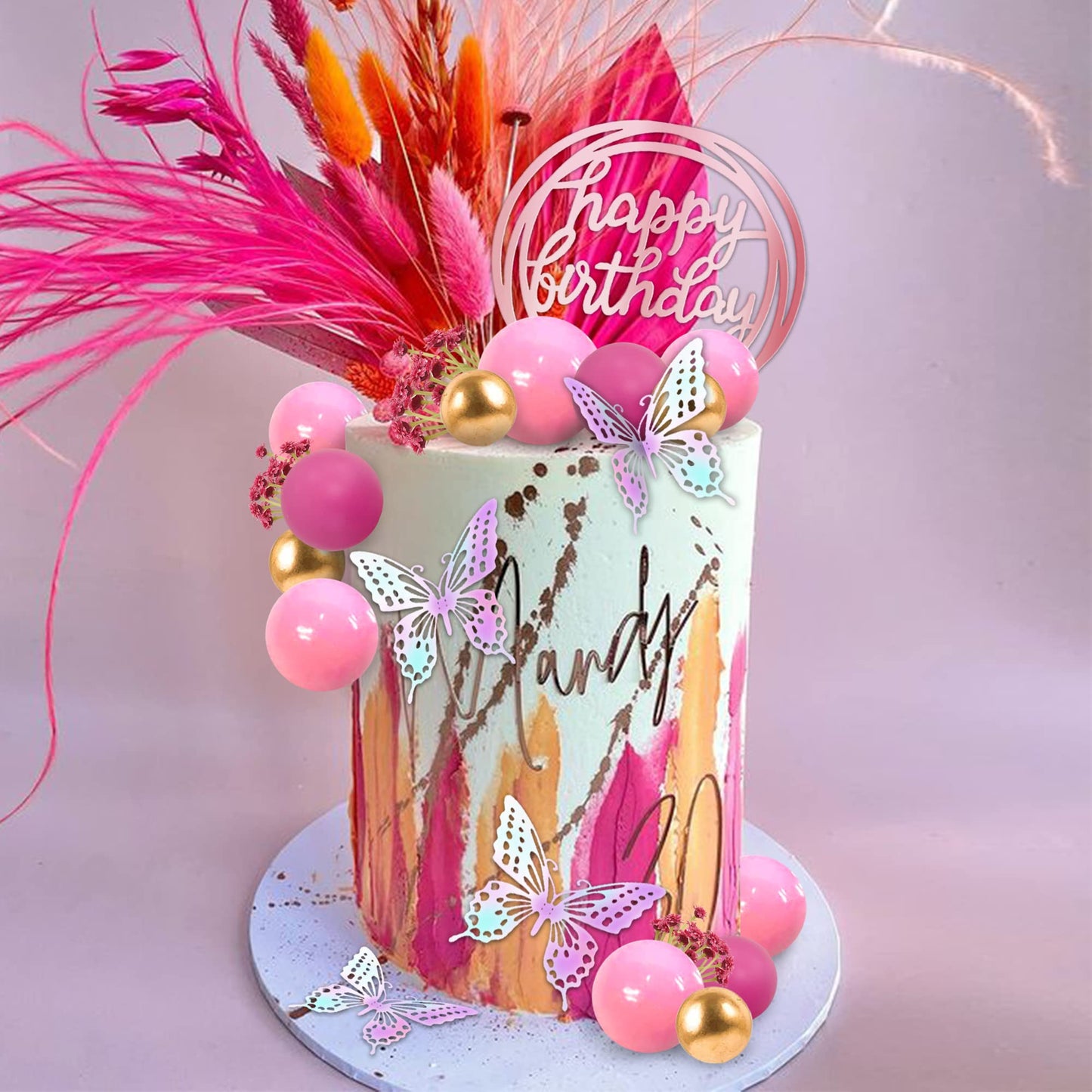 41 Pcs Balls Cake Decorations Flower Butterfly Cake Topper With Hot Pink And Gold Balls Balls Happy Birthday Cake Topper For Wed