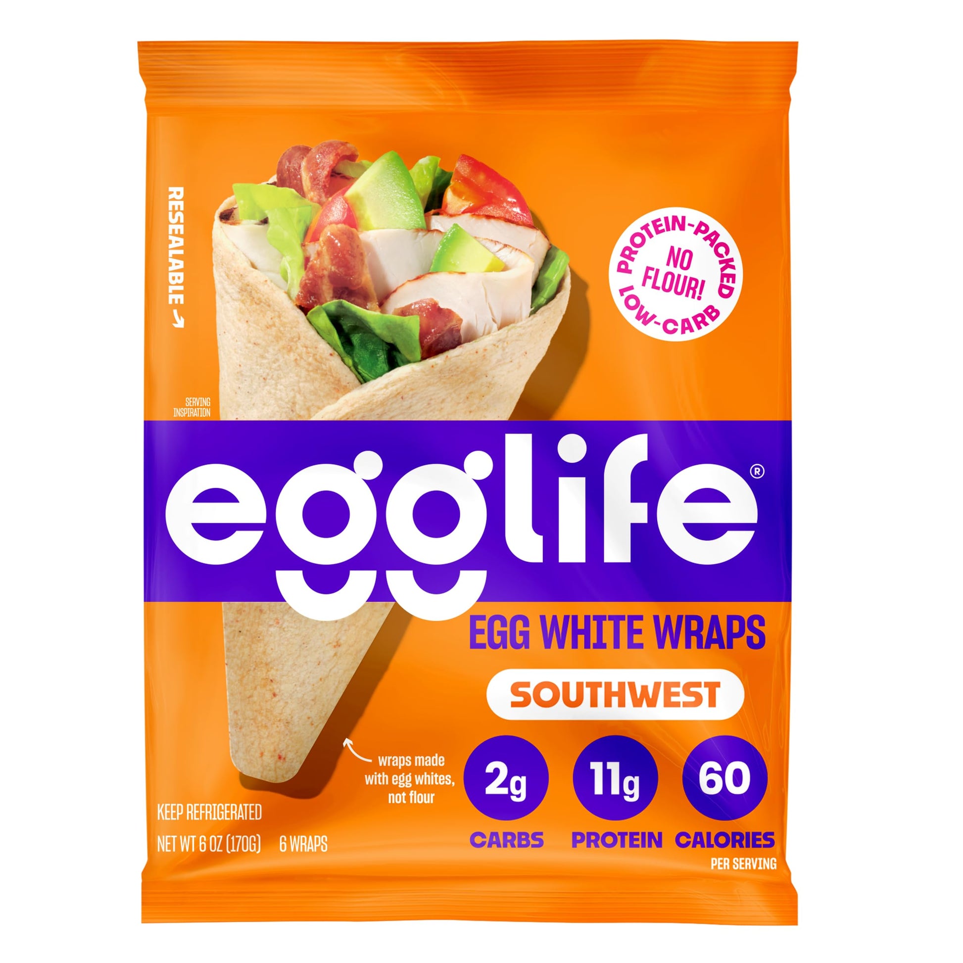 Egglife Southwest Style Egg White Wrap - (6 Count) - Refrigerated, Flourless, Gluten Free Wraps - Low Carb Tortilla Alternative