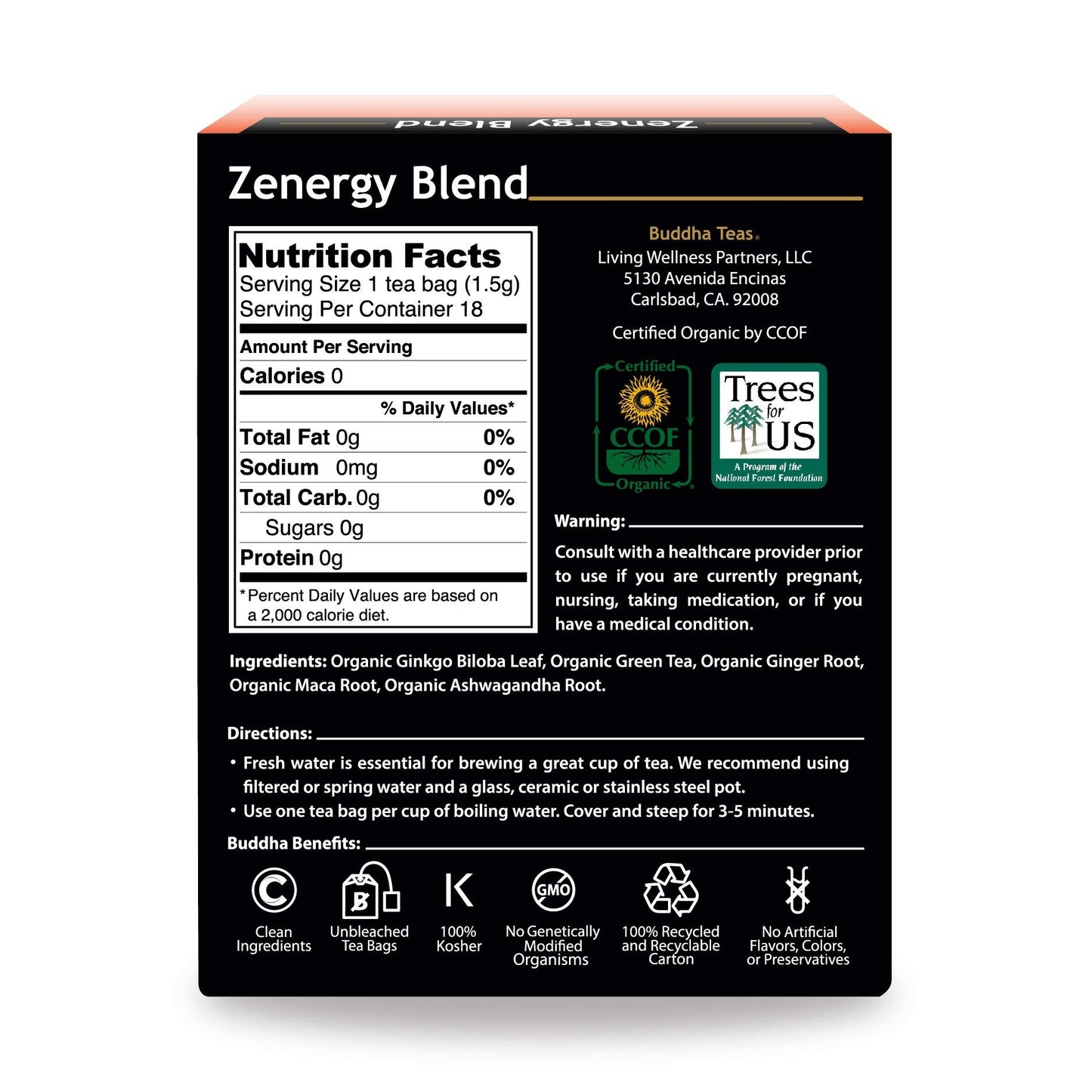 Buddha Teas Organic Zenergy Blend - 18 Bleach-Free Tea Bags - OU Kosher, USDA Organic, CCOF Organic