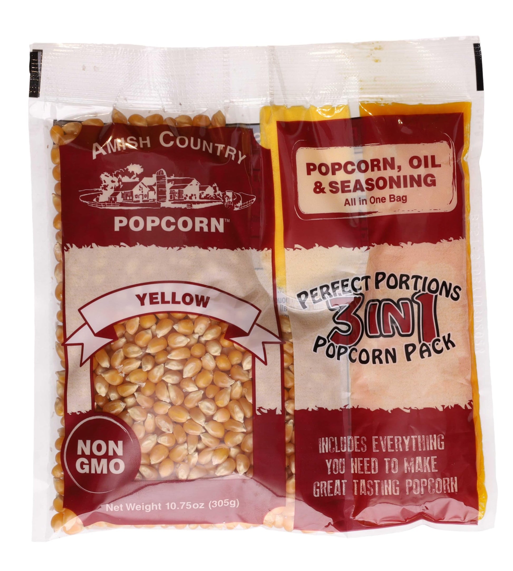 Amish Country Popcorn | All-In-One Kernel Packs | Pre-Measured For Popcorn Machines And Includes Hulless Popcorn, Oil & Salt (Medium Yellow, Oil & Seasoning -10.75 Oz - Pack Of 24)