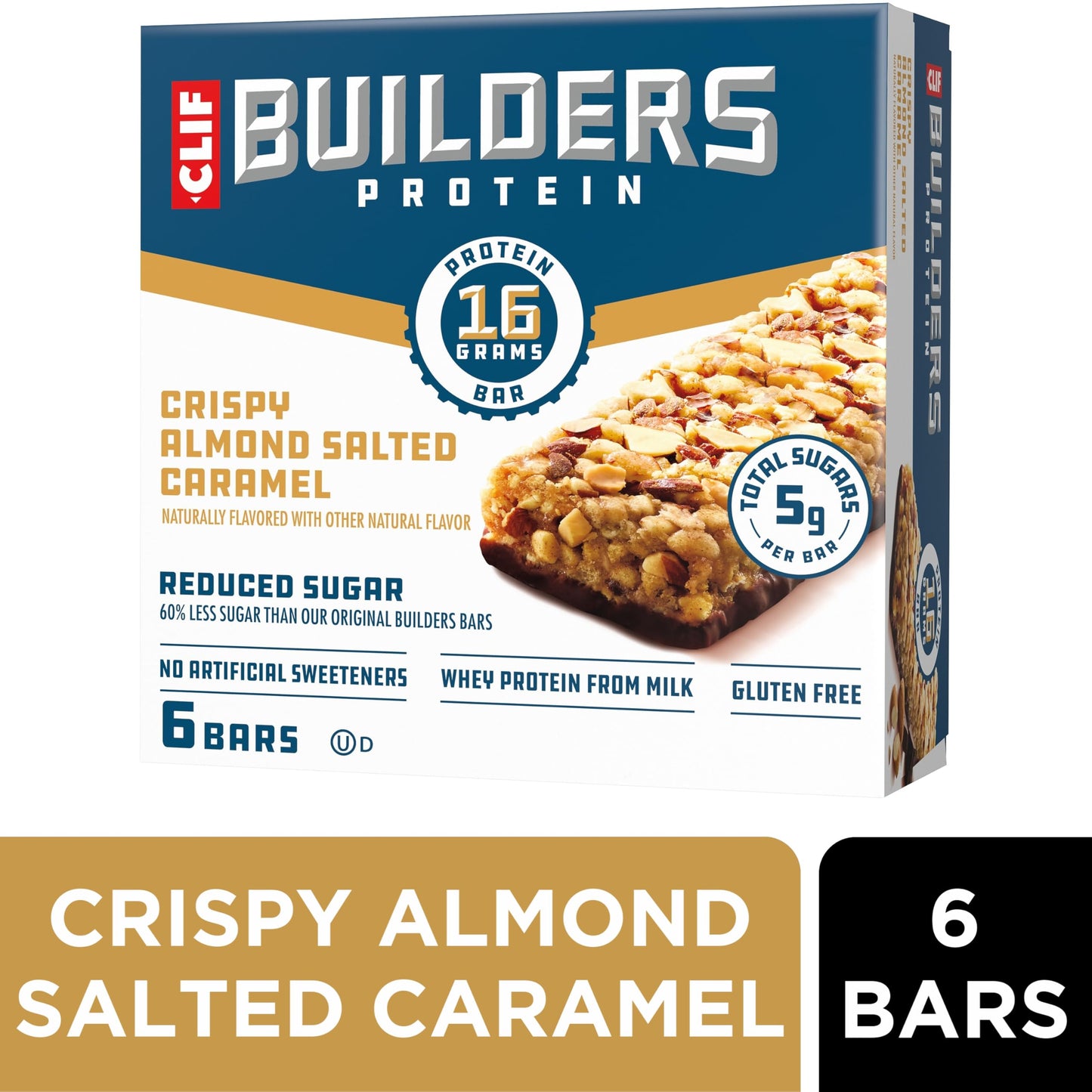 Clif Builders Protein Bars, Crispy Almond Salted Caramel, 16g Protein, Reduced Sugar, Gluten Free, 1.97 oz (6 Pack)