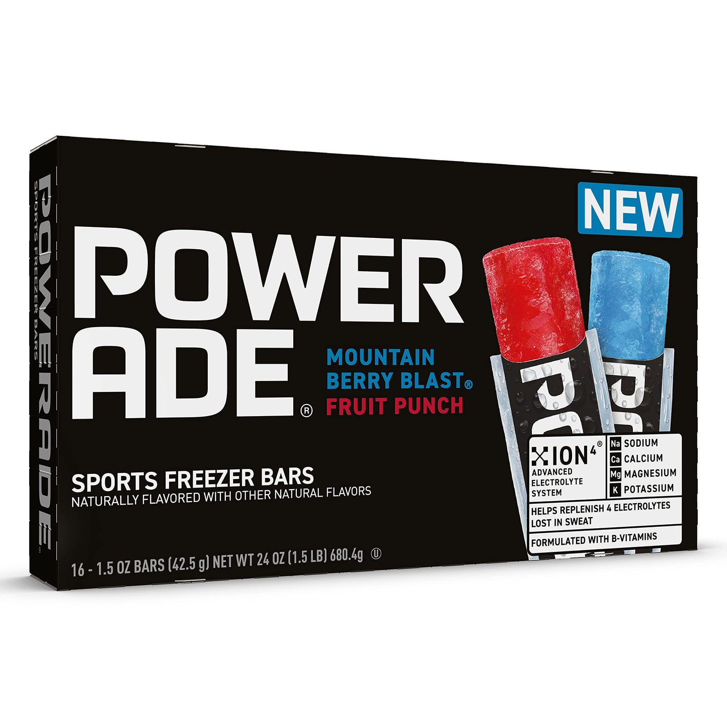 Powerade Sports Freezer Bars - Naturally Flavored Ice Pops with Electrolytes, Mountain Berry Blast & Fruit Punch, 16 CT, 1.5 oz each