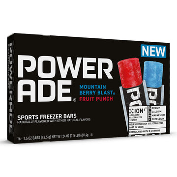 Powerade Sports Freezer Bars - Naturally Flavored Ice Pops with Electrolytes, Mountain Berry Blast & Fruit Punch, 16 CT, 1.5 oz each