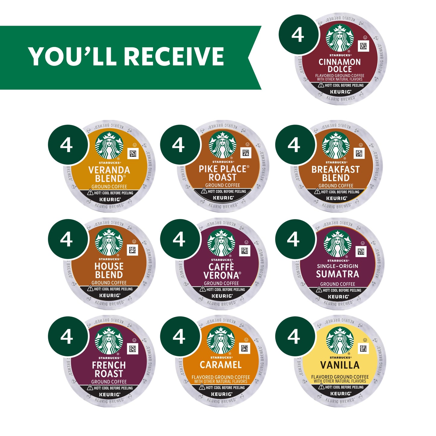 Starbucks K-Cup Coffee Pods Variety Pack, Light, Medium, Dark Roast & Flavored, 40 Count