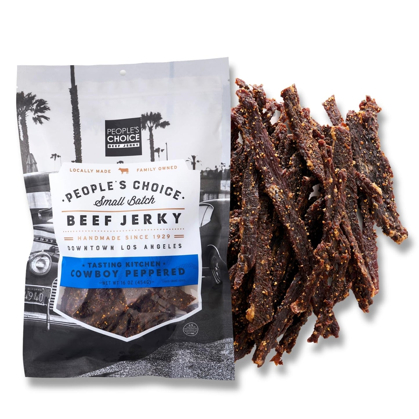 PeopleS Choice Beef Jerky - Tasting Kitchen - Cowboy Peppered Beef Jerky - Camping Food  Backpacking Snacks  Road Trip Snacks - High Protein Low Sodium Healthy Snacks - 1 Pound  16 Oz - 1 Bag