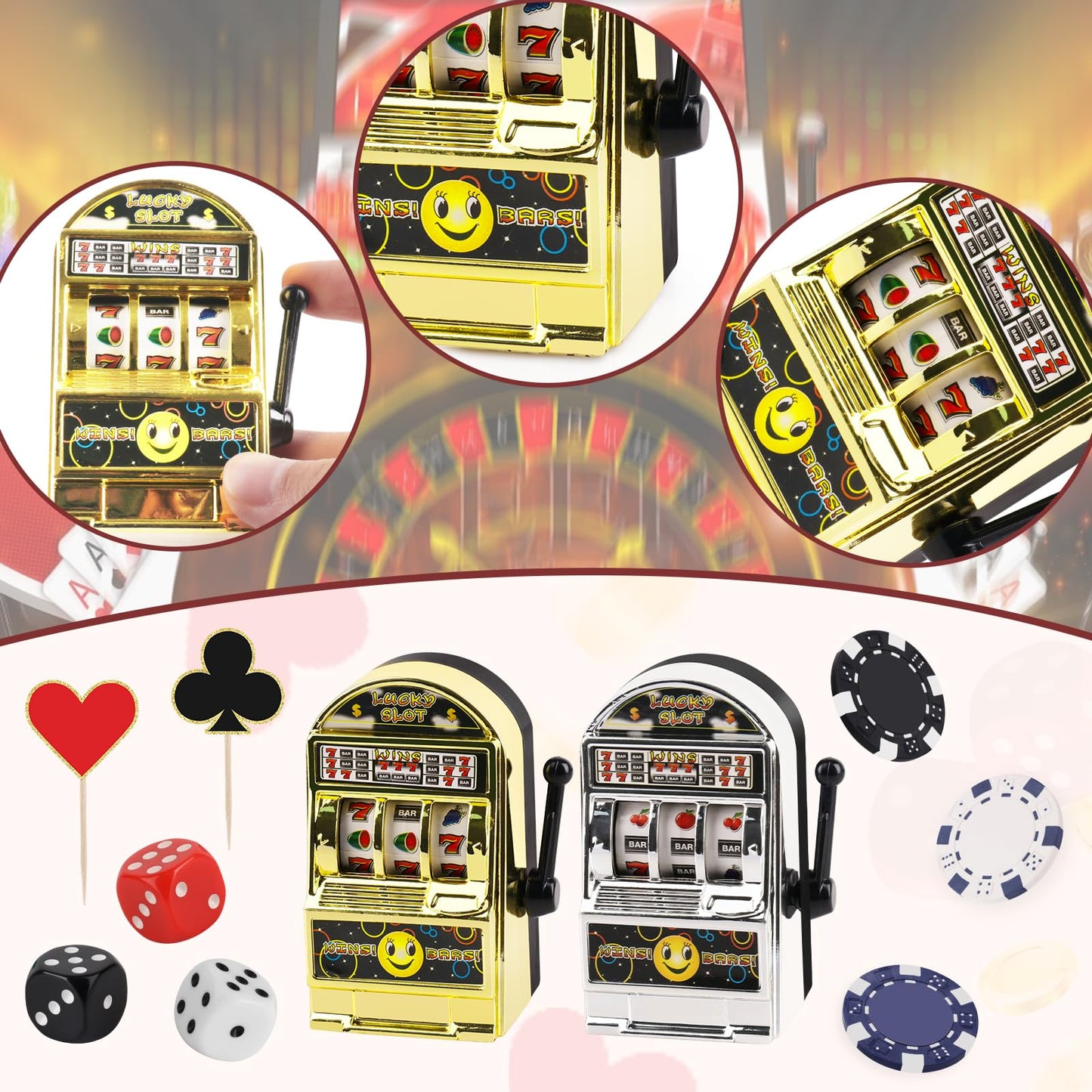 Atiloy  card-style Cake Topper Set - 24 Pieces, Mini Toy Slot Machine, Small, Plastic, Red/Black/White