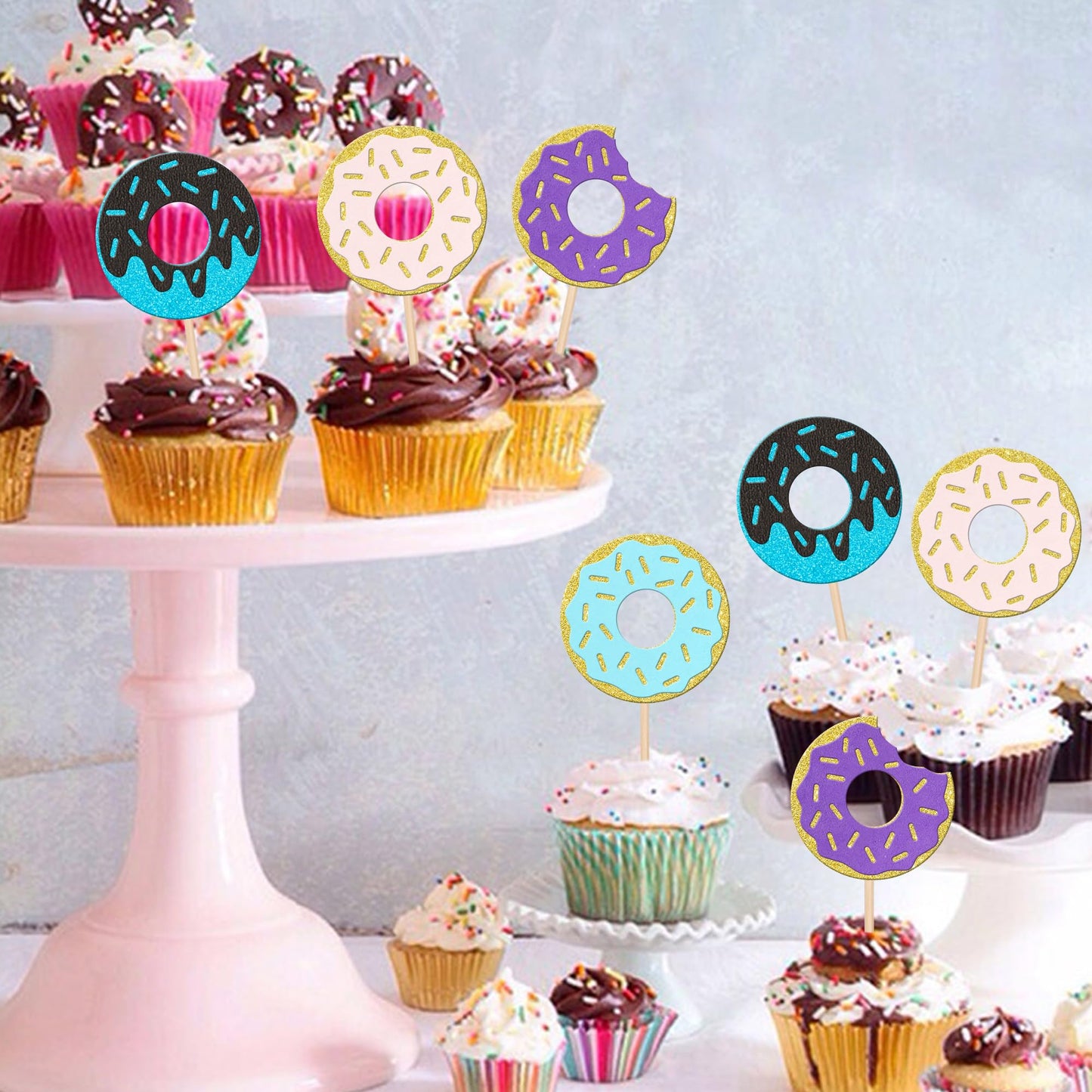 24 Pcs Donut Cupcake Toppers Glitter Sweet Donut Cupcake Picks Donut Theme Birthday Party Decorations For Celebrating Baby Showe