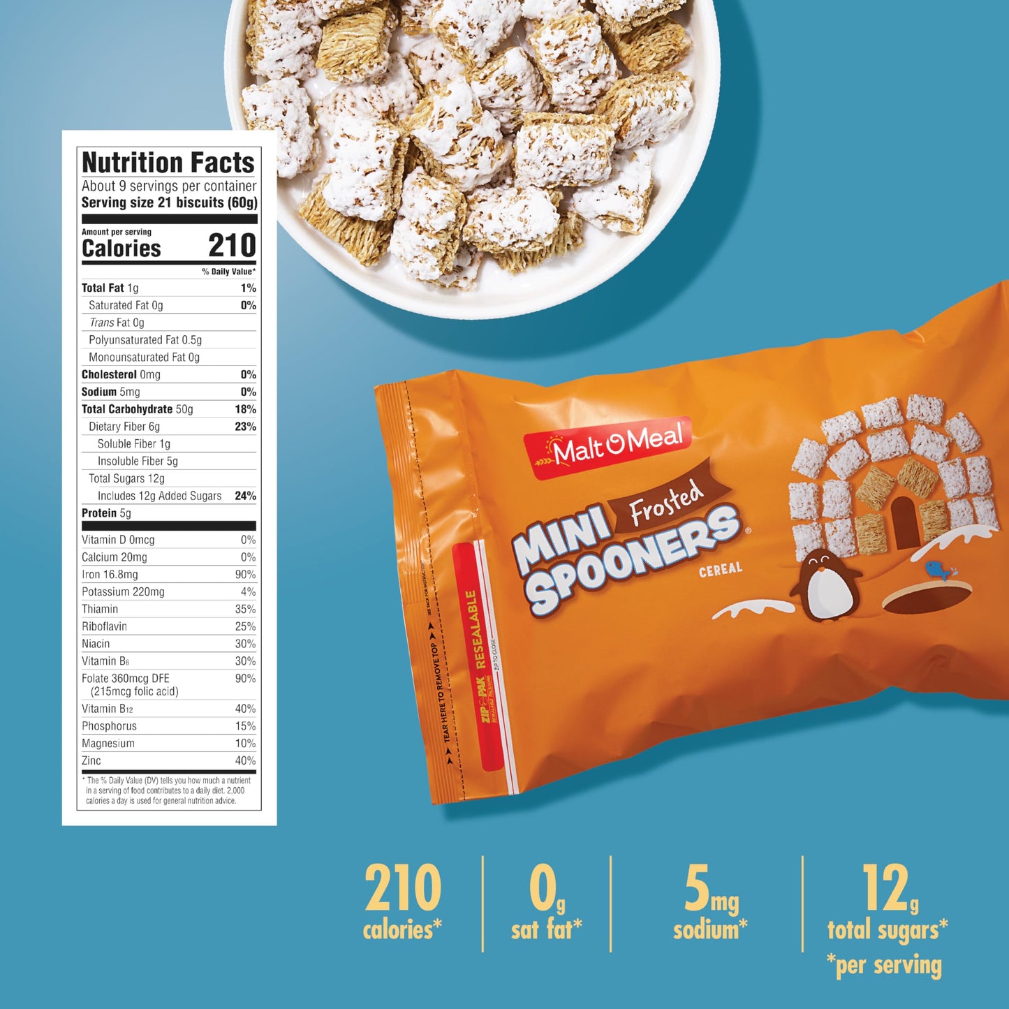 Malt-O-Meal Frosted Mini Spooners Whole Grain Breakfast Cereal, Crunchy Frosted Shredded Wheat Cereal, Large Cereal for Family,