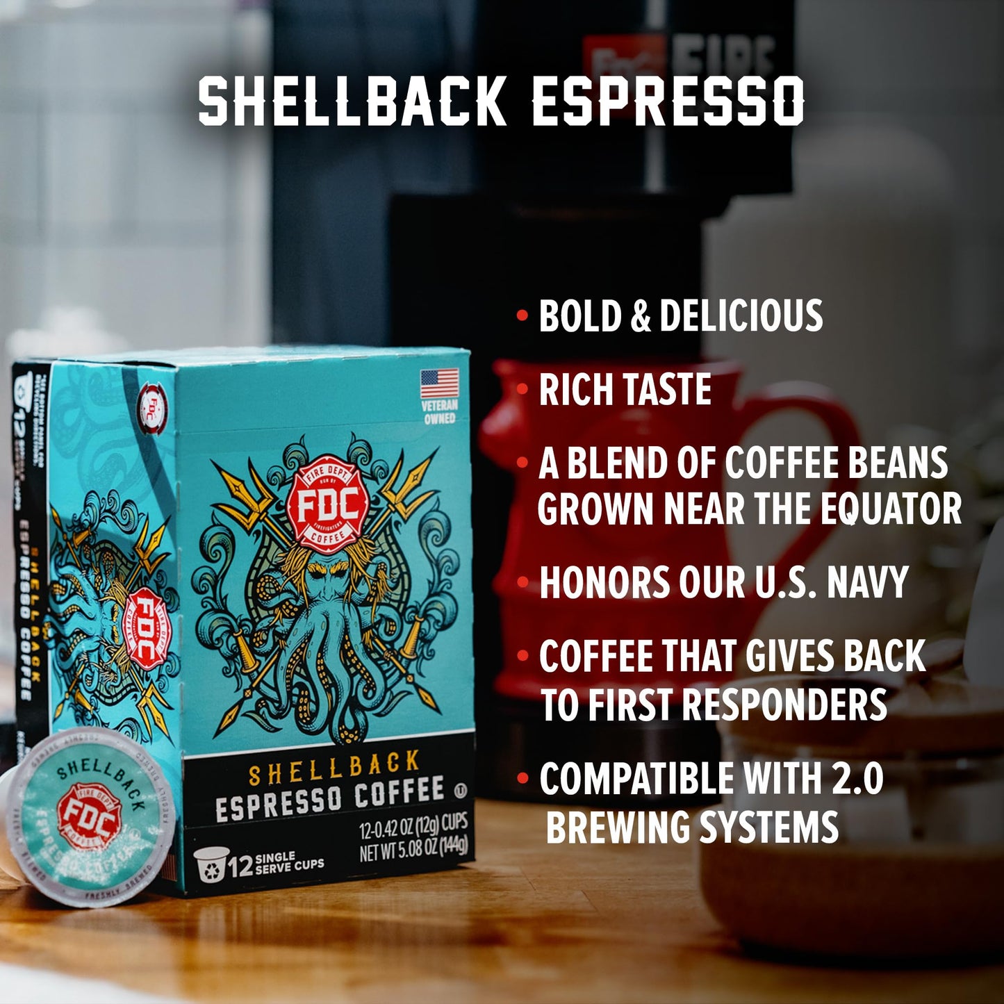 Fire Department Coffee - Gives Back to Firefighters - Bold & Smooth Shellback Espresso Coffee Pods - Roasted in the USA - Made with enhanced Coffee Beans - Veteran Owned - 12 Single Pods