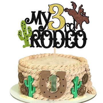 1 Pcs My 3Rd Rodeo Cake Topper Brown Glitter Cactus Third Birthday Cake Pick Decoration For Western Little Cowboy Theme Baby Sho