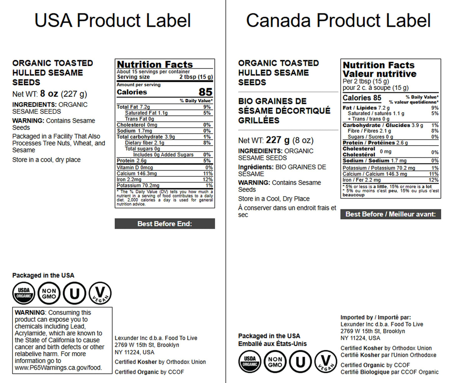 Food to Live Organic Toasted Hulled Sesame Seeds, 8 Ounces, Crunchy Snack, Oven Roasted, Unsalted, No Oil Added, Vegan, Kosher