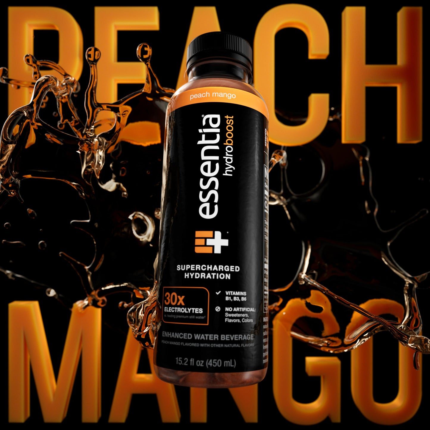 New Essentia Hydroboost Enhanced Bottled Water, 15.2 Fl. Oz. (450 Ml), 12 Pack, Peach Mango, Hydrolyte Blend With B-Complex Vitamins And Electrolytes, Clean Taste & Supercharged Hydration