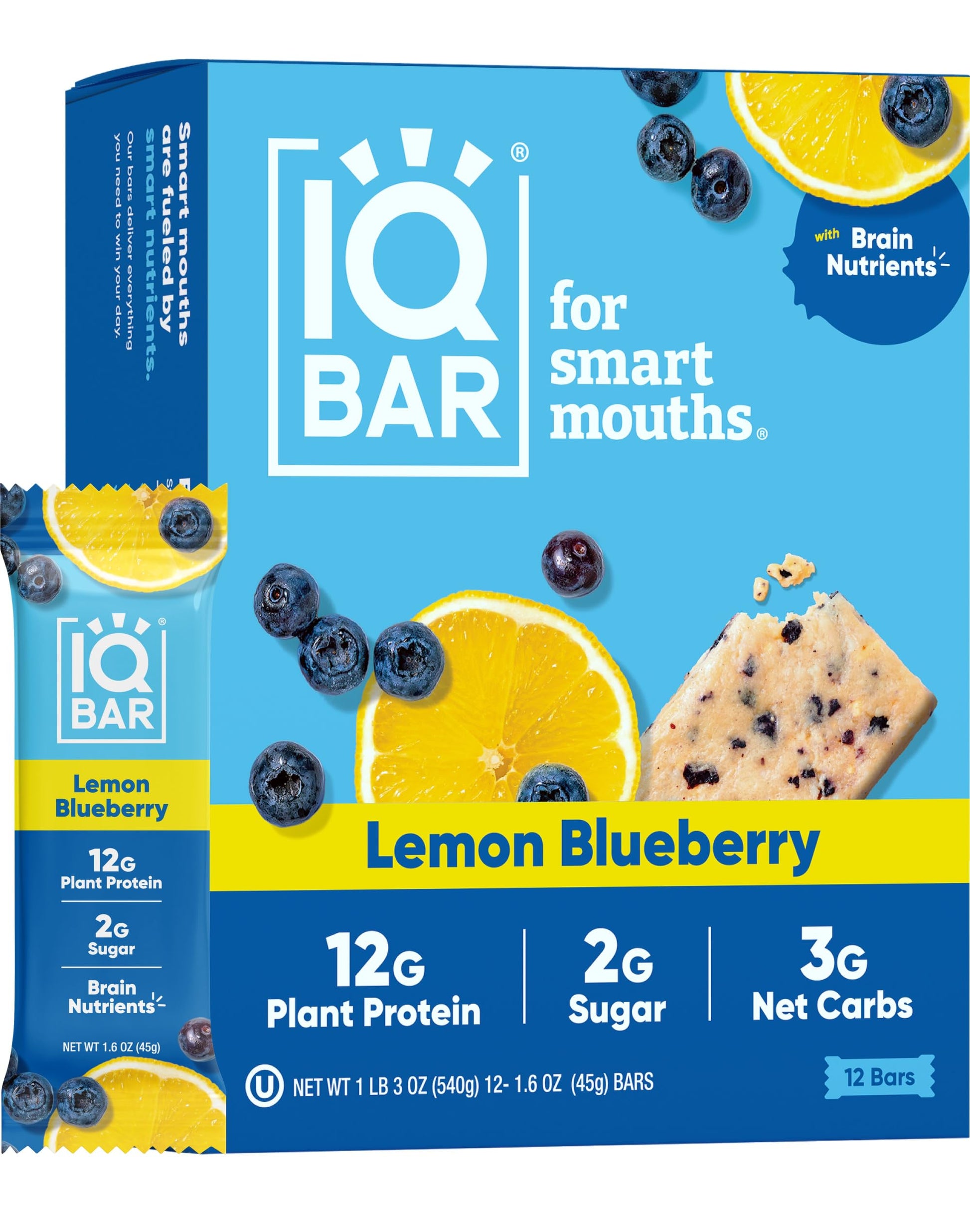 IQBAR Brain and Body Plant Protein Bars - Lemon Blueberry - 12-Count Low Carb - Gluten Free, High Fiber, Vegan Snacks - Low Suga