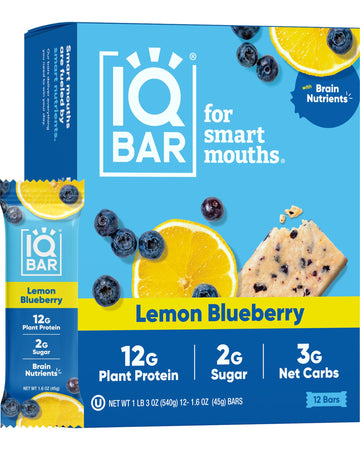 IQBAR Brain and Body Plant Protein Bars - Lemon Blueberry - 12-Count Low Carb - Gluten Free, High Fiber, Vegan Snacks - Low Suga