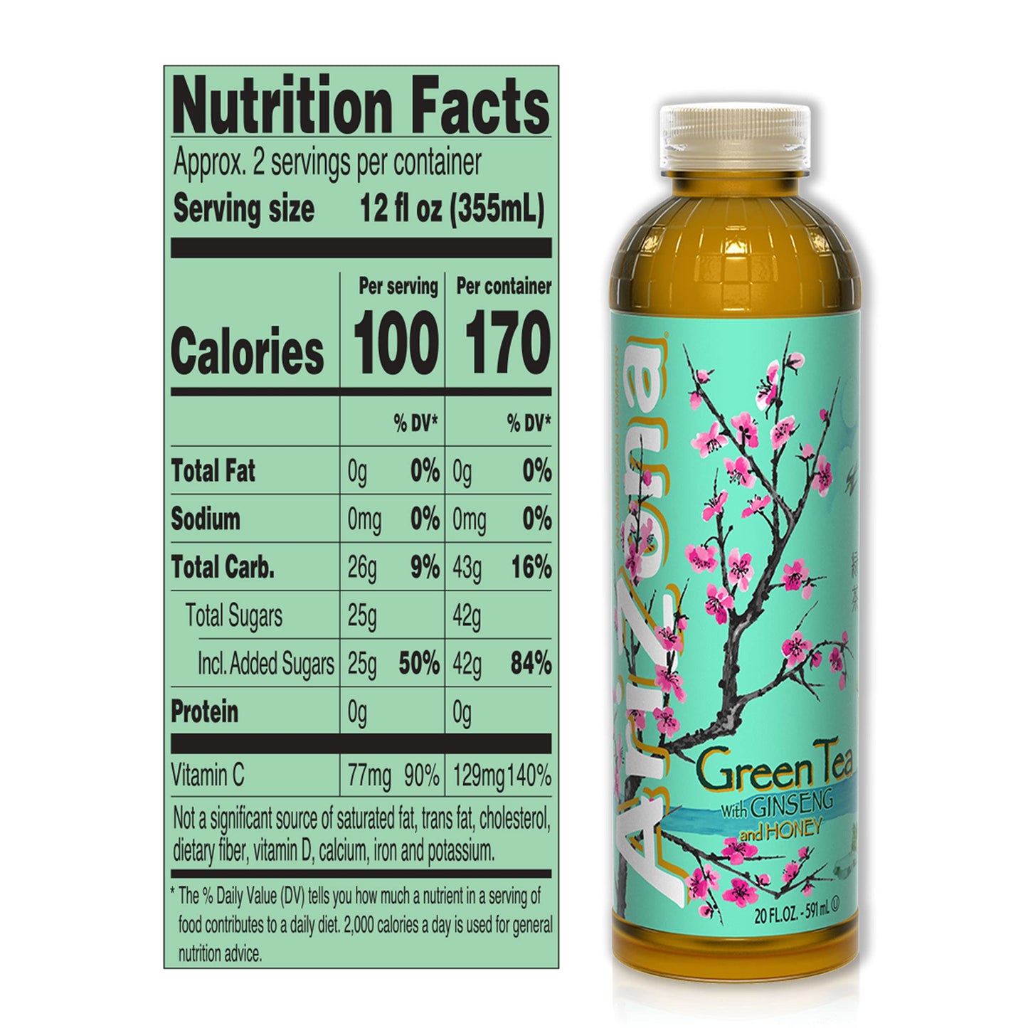 AriZona Green Tea with Ginseng and Honey, 20 Fl Oz (Pack of 24)