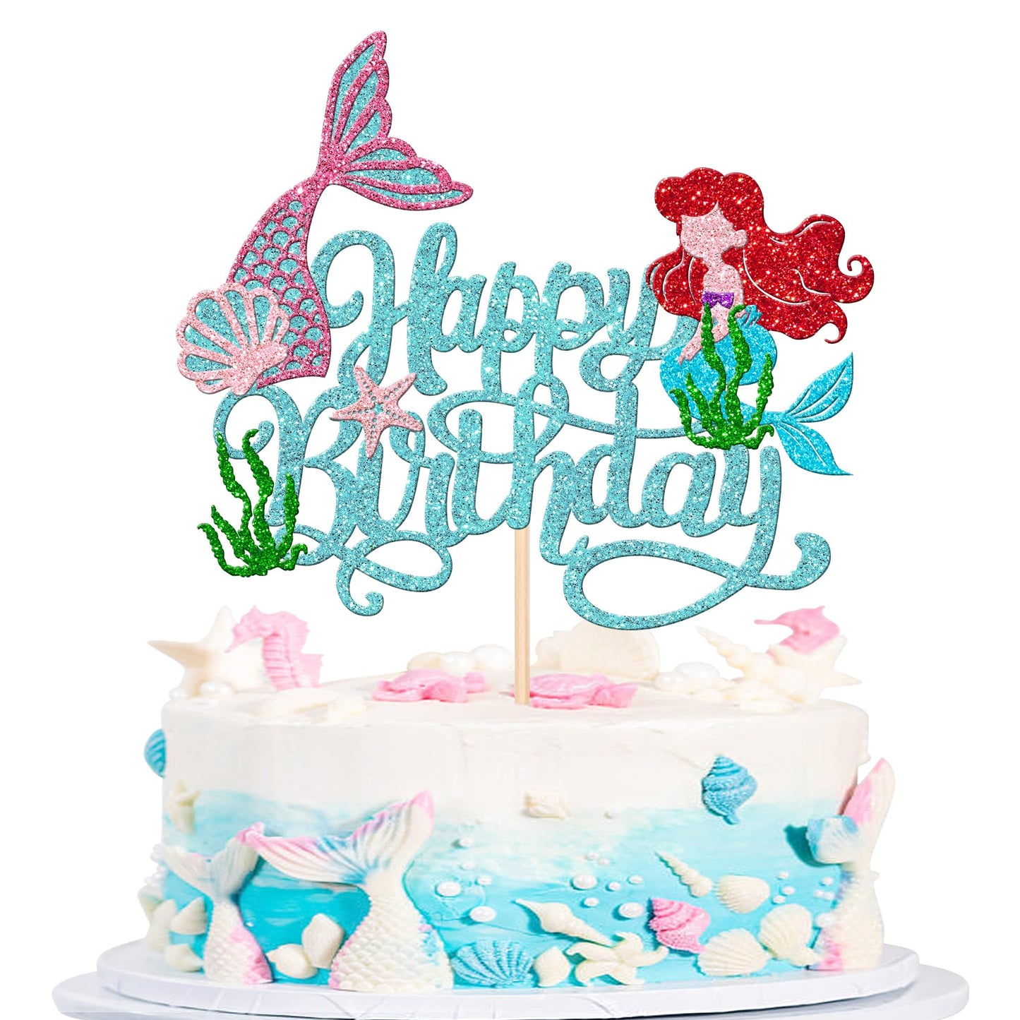ZHUOWEISM Mermaid Cake Topper - Happy Birthday Decoration, Cardstock, Blue, Under the Sea Theme, 1 PCS