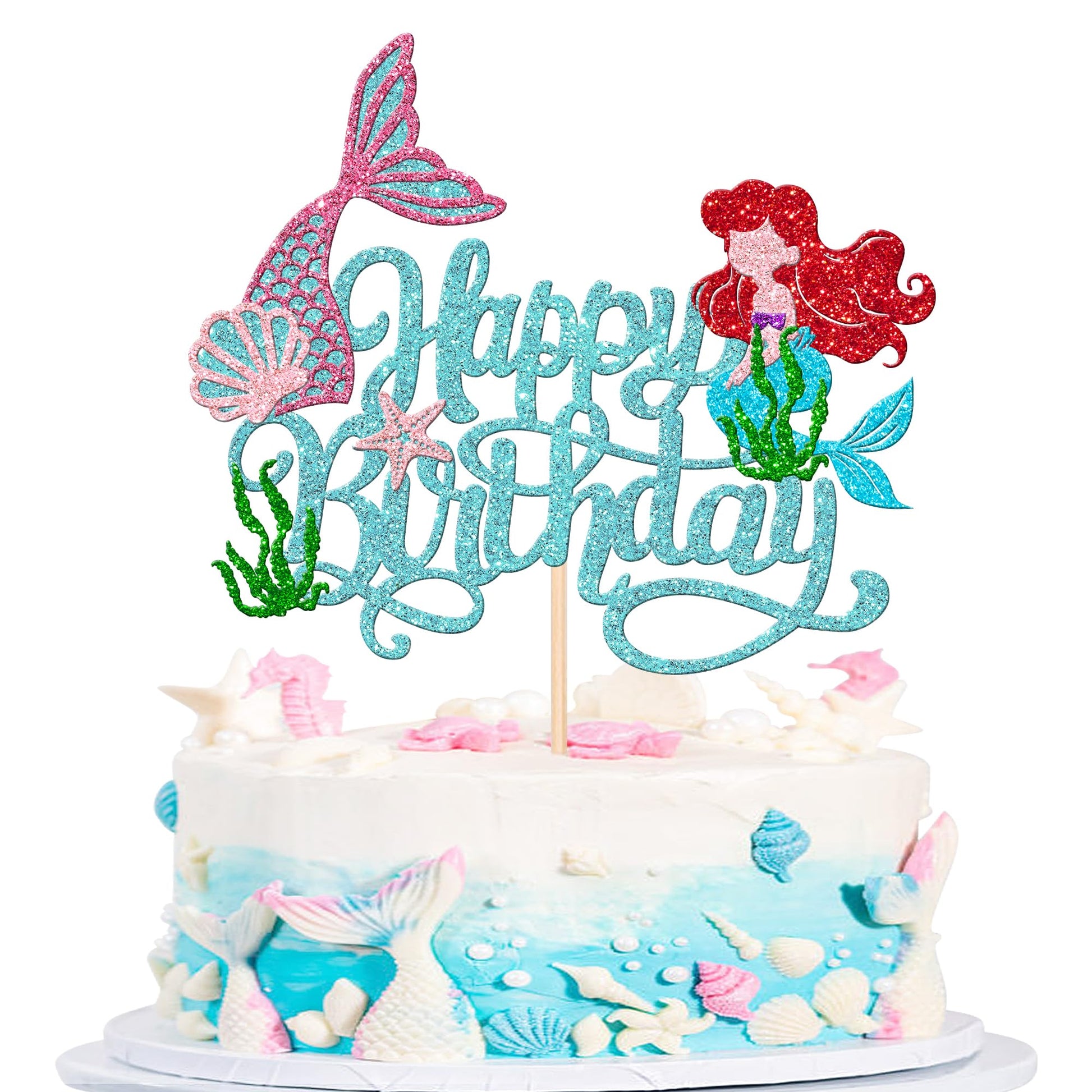 ZHUOWEISM Mermaid Cake Topper - Happy Birthday Decoration, Cardstock, Blue, Under the Sea Theme, 1 PCS