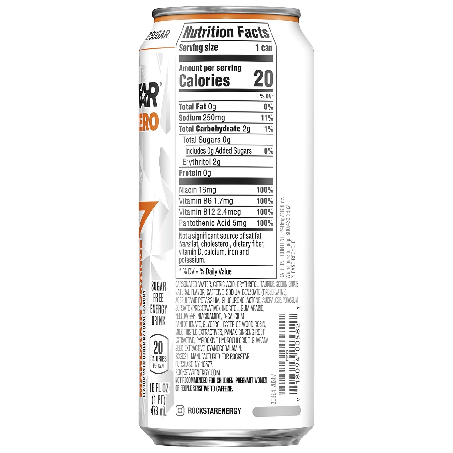 Rockstar Pure Zero Energy Drink, Mandarin Orange, 0 Sugar, 16 Fl Oz, Pack of 24