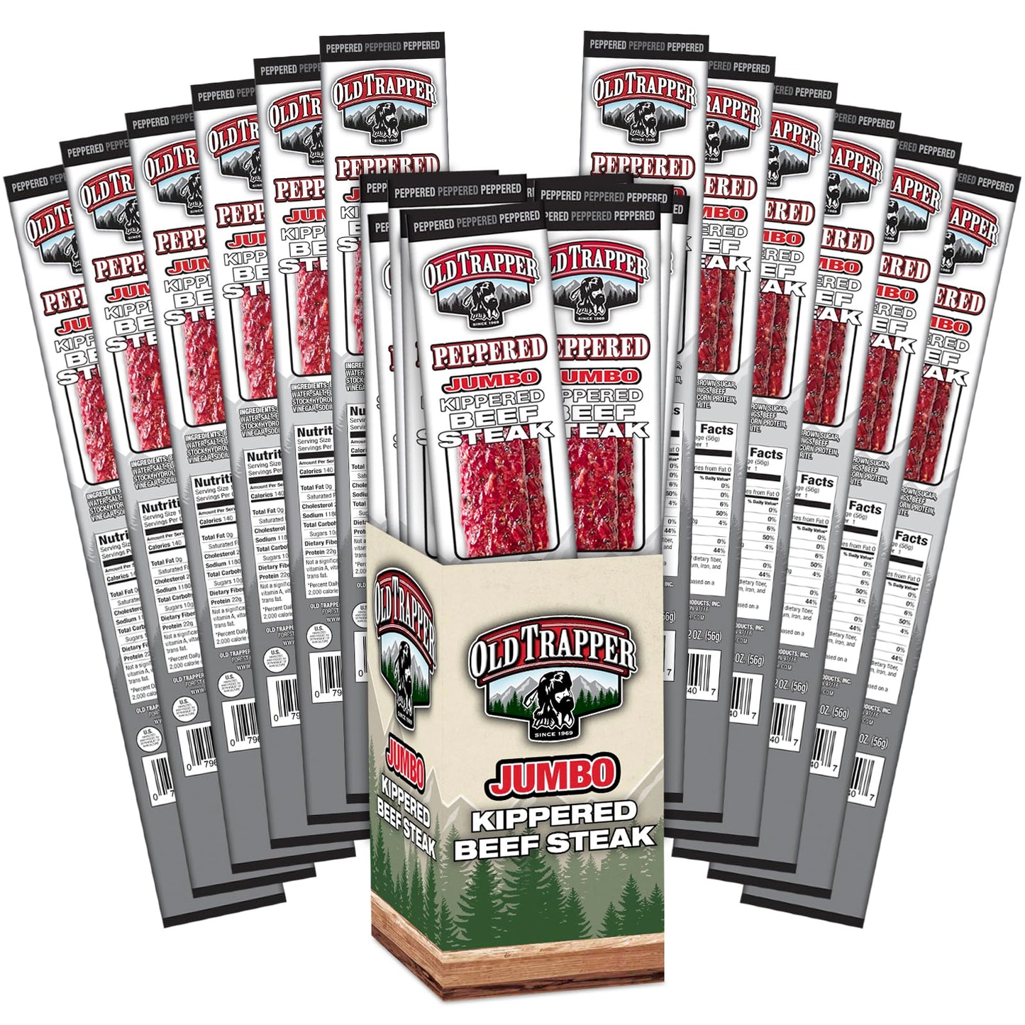 Old Trapper Kippered Steak, Peppered Flavor, Two-Ounce Individually Wrapped Packages, Spicy Meat Snack for Between Meal Bites, 2