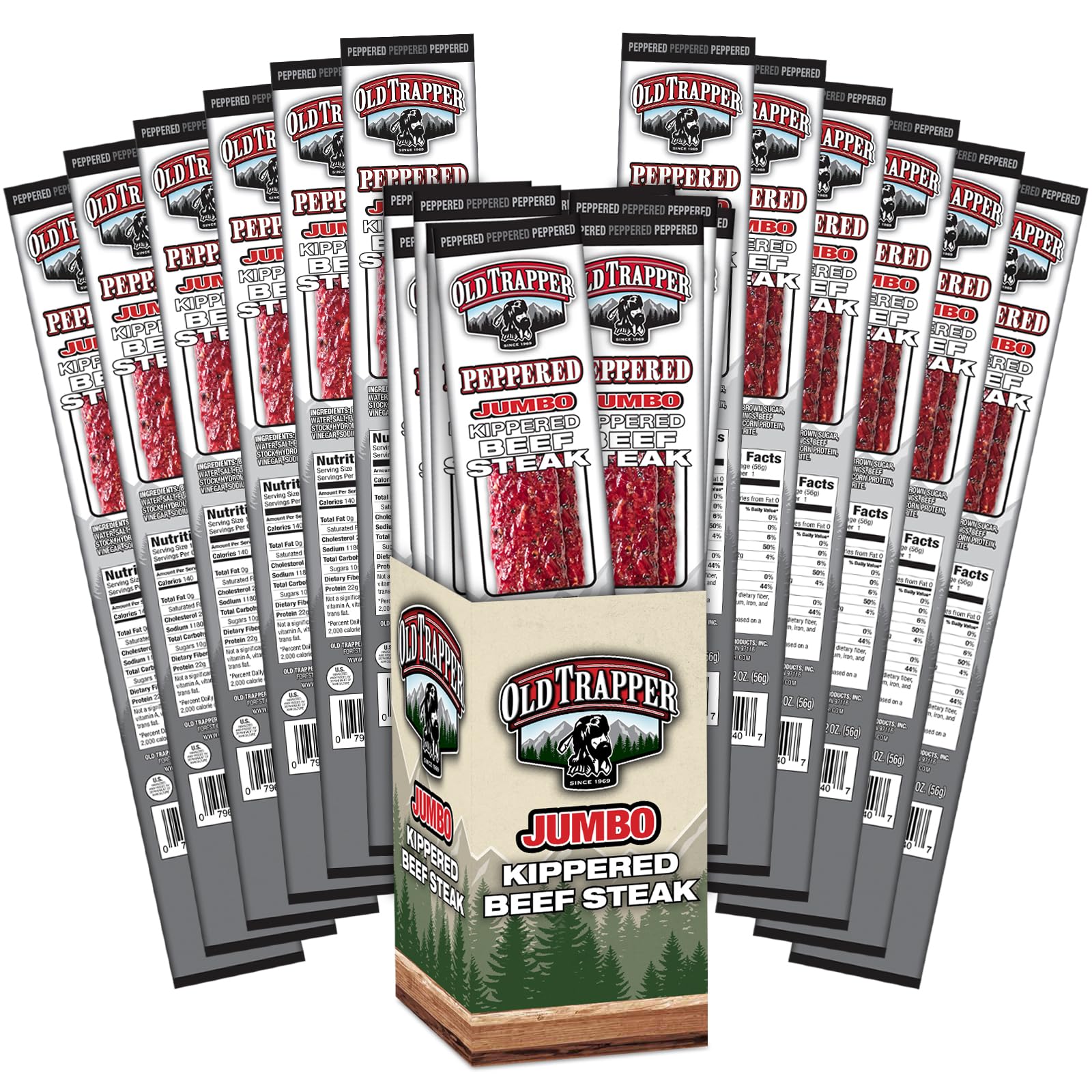 Old Trapper Kippered Steak, Peppered Flavor, Two-Ounce Individually Wrapped Packages, Spicy Meat Snack for Between Meal Bites, 2