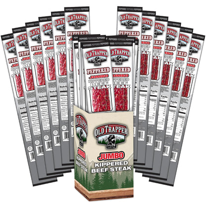 Old Trapper Kippered Steak, Peppered Flavor, Two-Ounce Individually Wrapped Packages, Spicy Meat Snack for Between Meal Bites, 2