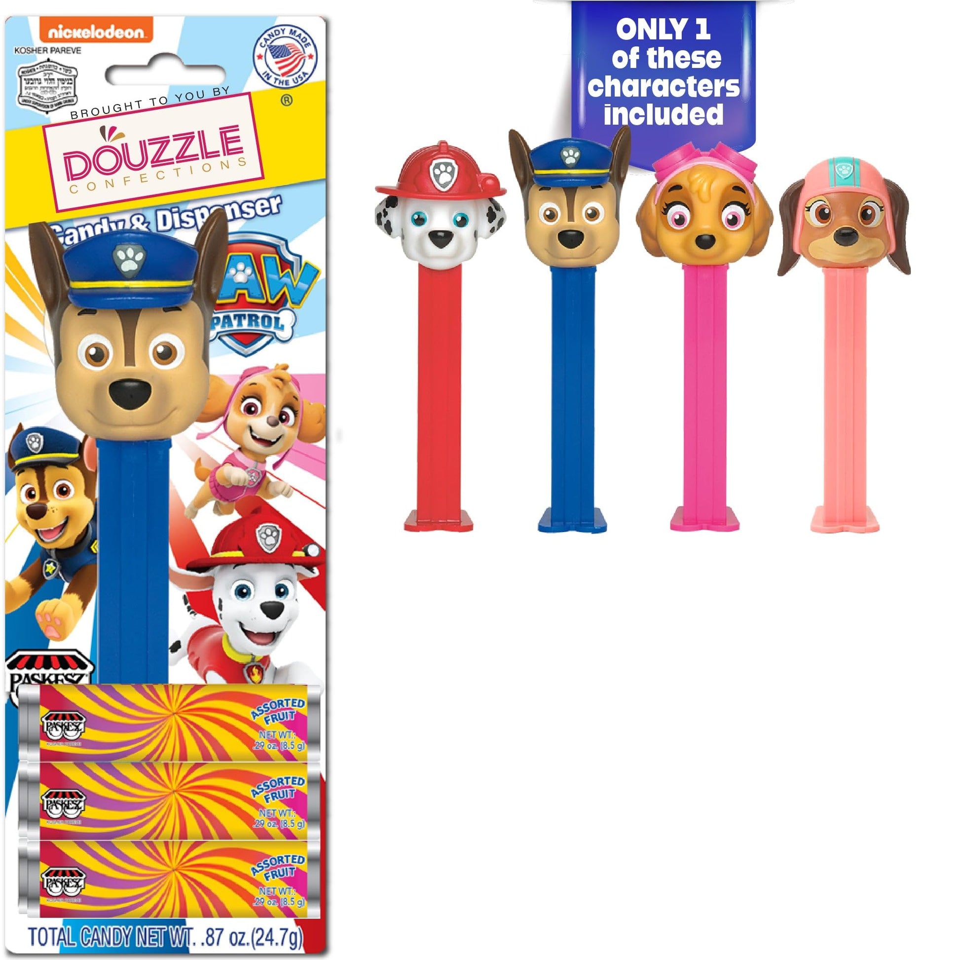 DOUzzle Kosher Pez Candy & Paw Patrol Dispenser + 3 Assorted Fruit Refills (Pack of 1) Gluten Free, Kosher Parve, USA Made