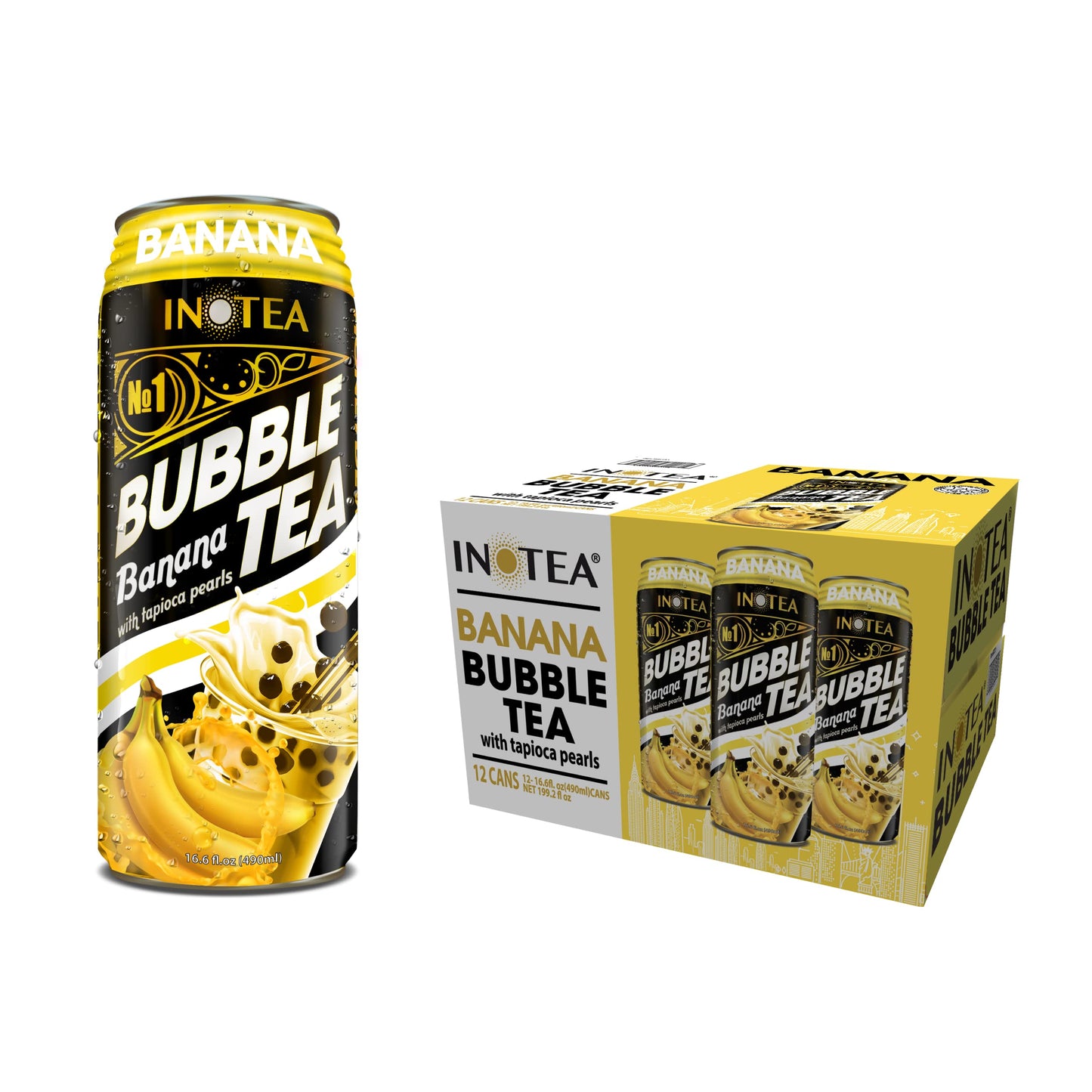 HYOJATEM INOTEA Bubble Tea - Pack of 12 Cans, 5 Flavors: Brown Sugar, Taro, Honeydew, Banana, Matcha Latte, 16.