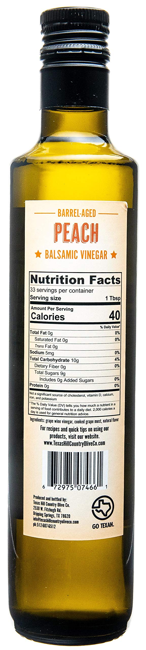 Texas Hill Country Olive Company Peach Balsamic Vinegar - Gourmet Barrel Aged, 16.9 Fl Oz, No Artificial Flavors, Made in Texas