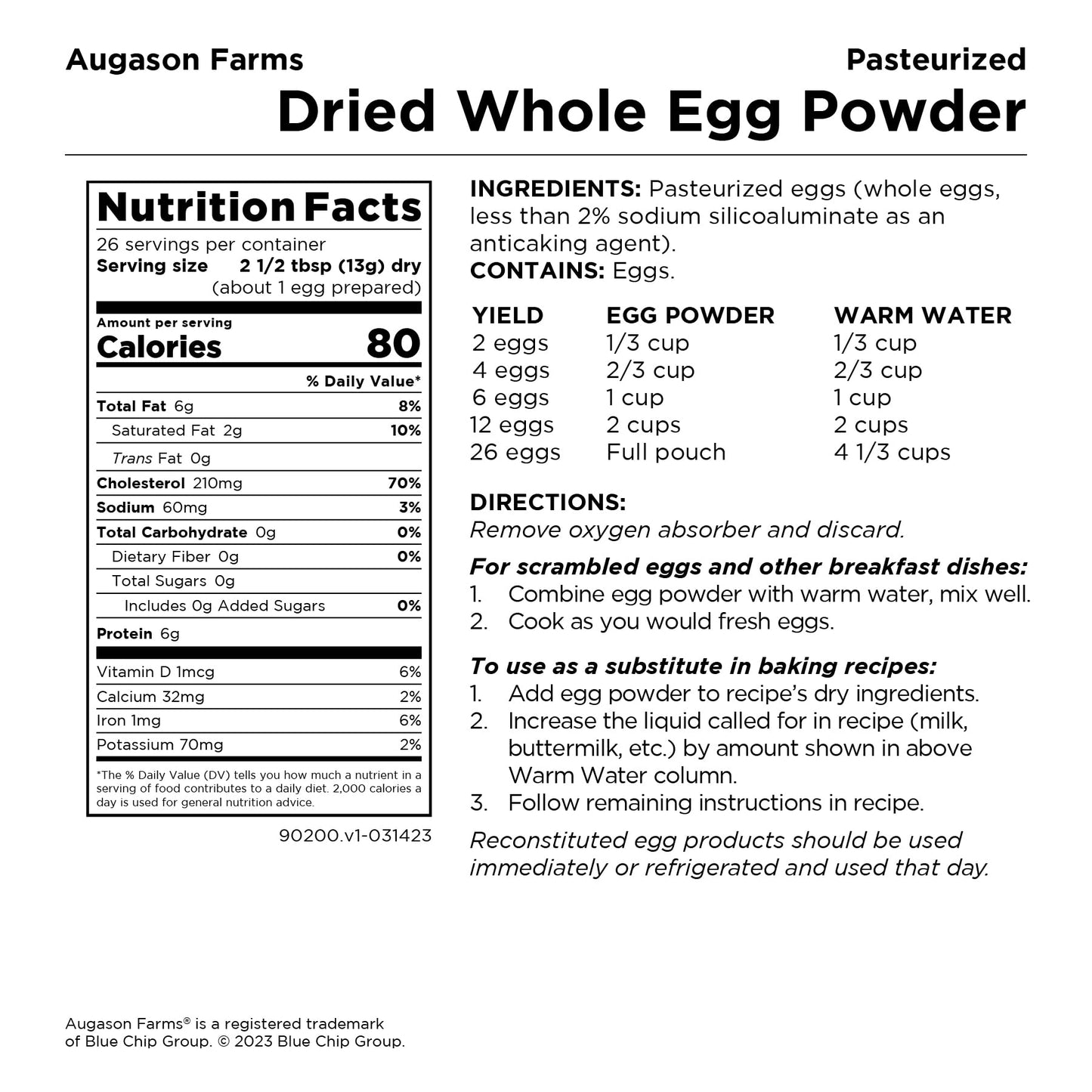 Augason Farms Dried Whole Egg Powder Resealable Pouch Emergency Food Storage 11.9 Oz.