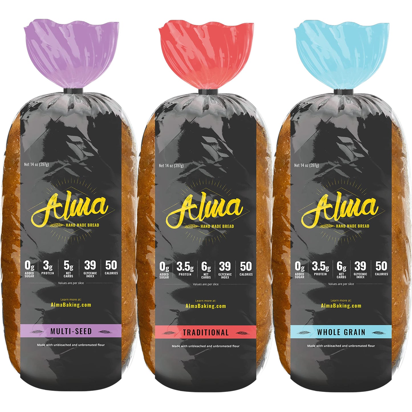 Alma Baking Bread - Low Carb, Low Glycemic, Keto Friendly, Low Calorie, Sugar Free - Sliced Loaf Sandwich Bread (Variety Sampler