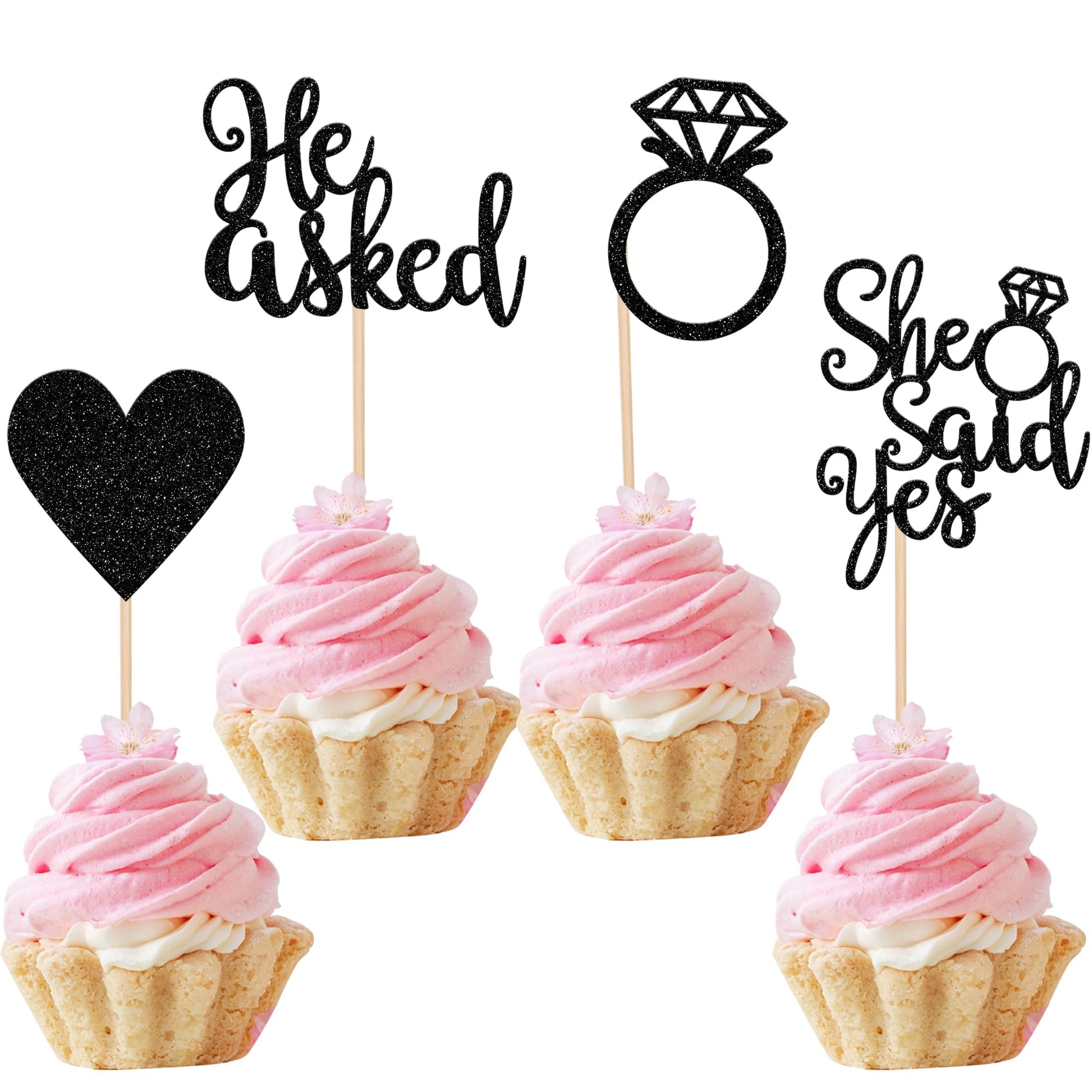 ZHUOWEISM Cupcake Toppers 24 PCS Glitter Heart Ring Bachelorette Wedding Engagement Party Decorations Small Black Bamboo