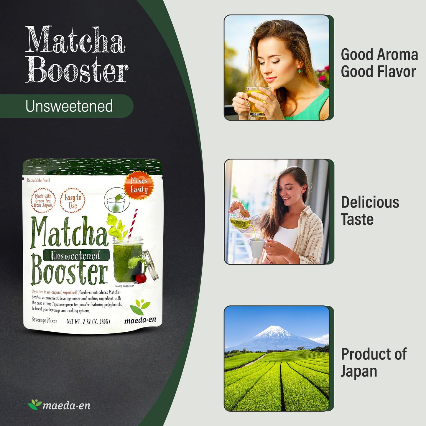 Maeda-En Matcha Booster Unsweetened Green Tea Powder 240G 3 Pack Japanese Origin Resealable Pouch For Latte Smoothies And Baking