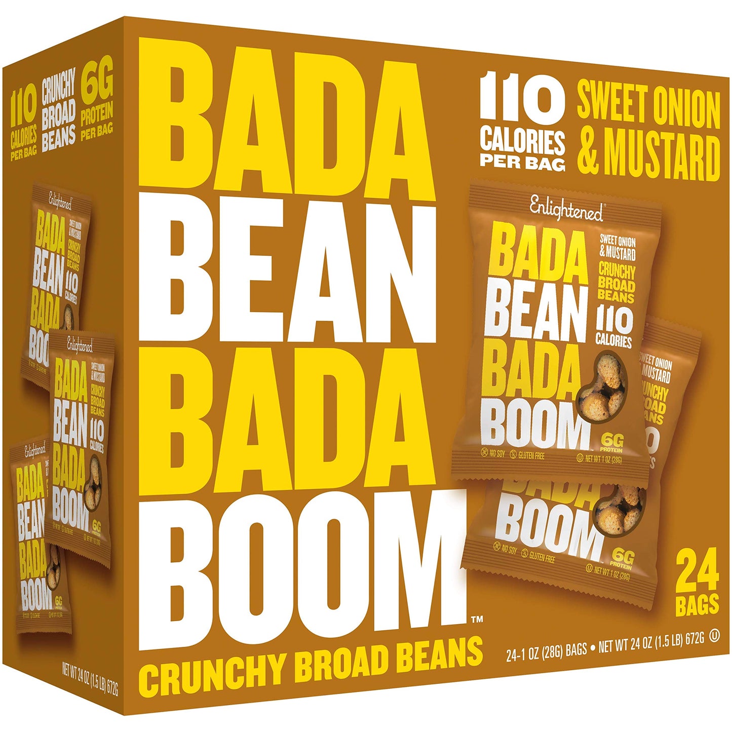 Enlightened Bada Bean Bada Boom Plant-Based Protein Snacks, Gluten Free, Onion & Mustard, 1 Ounce (Pack of 24)