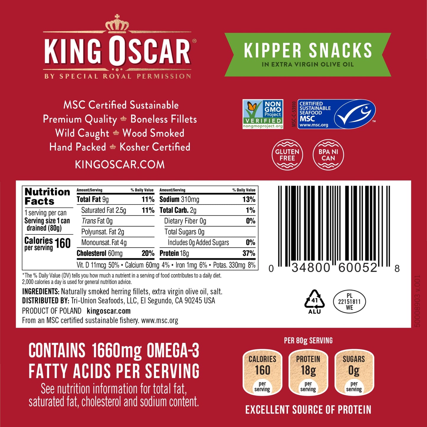 King Oscar Kipper Snacks, Lightly Smoked Herring Fillets in Extra Virgin Olive Oil, 3.54 Ounce Cans, Pack of 12