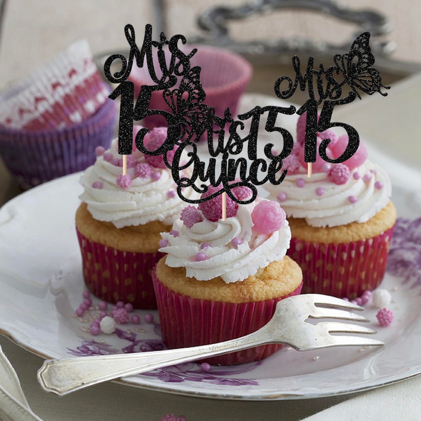 Rssta i Cupcake Toppers, 24 Pack, Glitter, Black, 15th Birthday Decorations