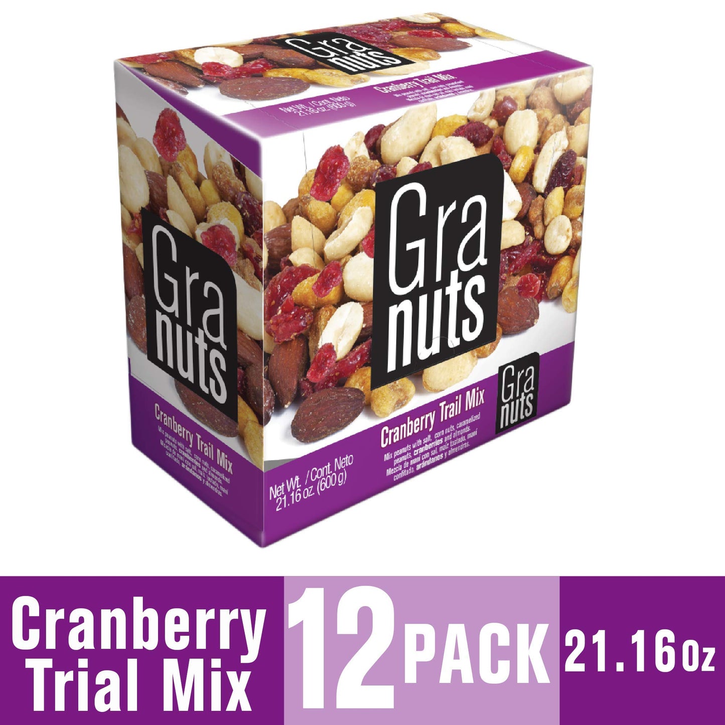 Granuts Cranberry Trail Mix | Caramelized Peanuts | Crunchy Corn Nuts + Almonds | Soft Cranberries | Salty + Sweet Flavors | On-The-Go Snack | 1.76 Oz (12 Inner Packs)