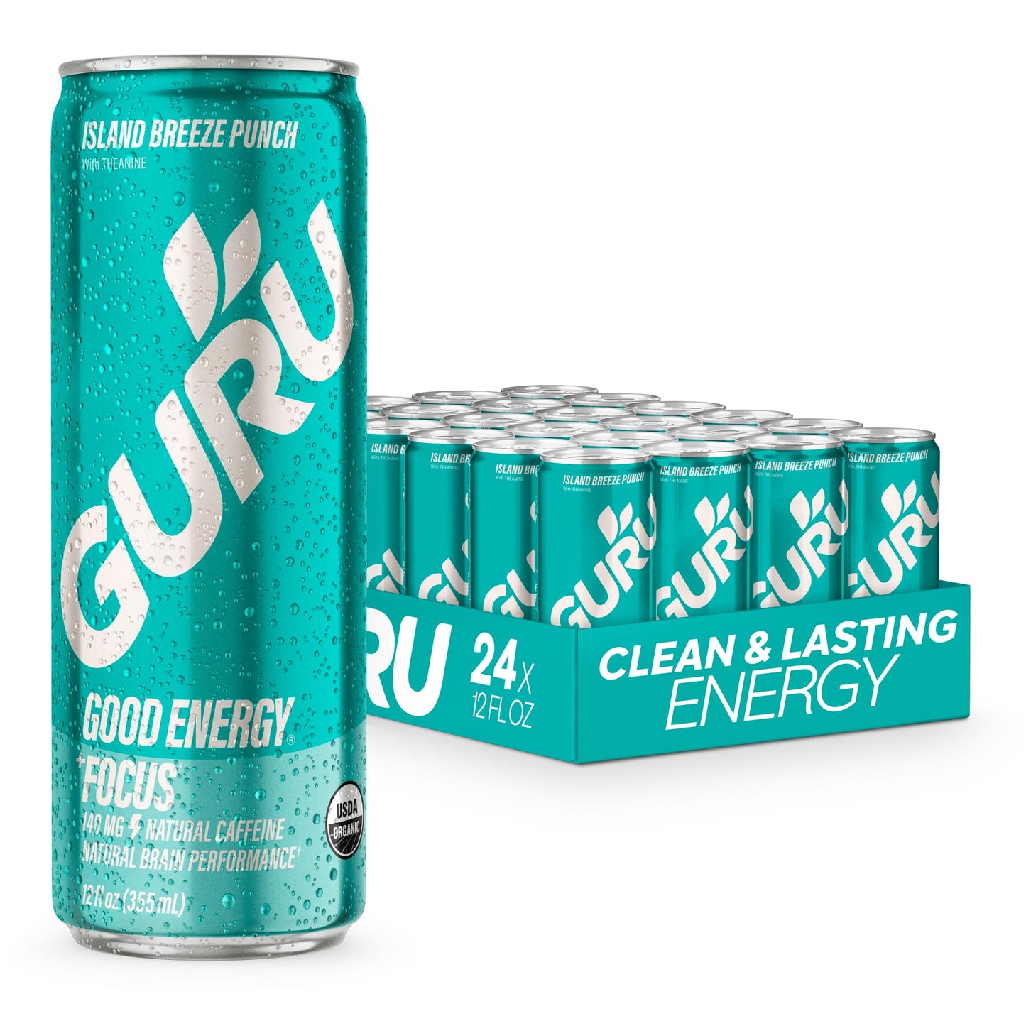 Guru Island Breeze Punch Organic Energy Drinks  Clean Energy Drink With Plant Based Natural Energy Blend From Green Tea + Focus With L Theanine  Gluten Free And Vegan  140Mg Energy Blend  12Oz (Pack Of 24)