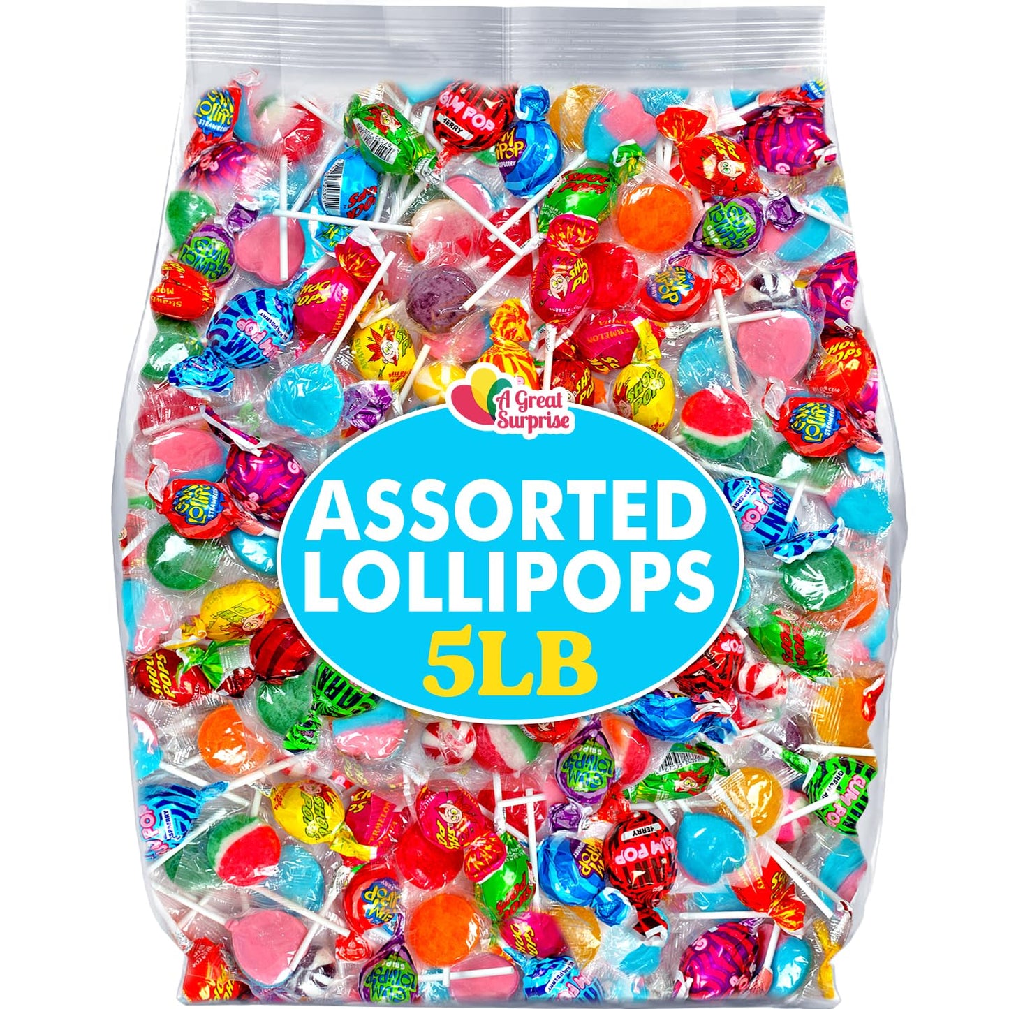 Lollipop Assortment - 5 Pounds - Sucker Bulk - Classic Bulk Lollipops - Individually Wrapped - Classroom, Birthday Goodie Bags