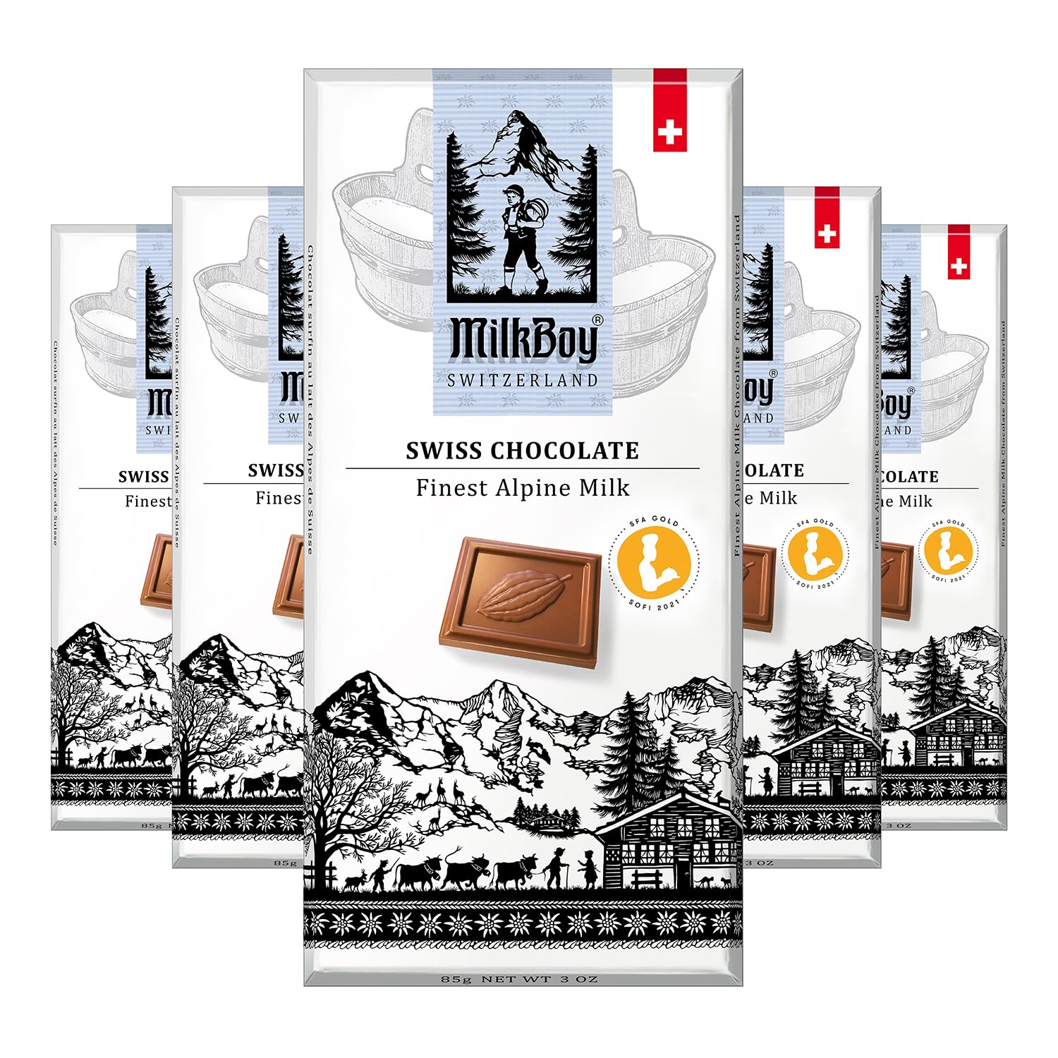 Milkboy Swiss Chocolates Chocolate Bars - Premium Milk Chocolate - Gluten Free - 3 oz, Pack of 5 - Chocolate Color
