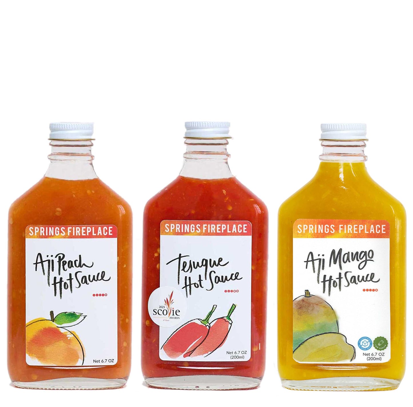 Springs Fireplace Hot Sauce Trio Gift Set, Gift Guide 2025, Hot Sauce, Tesuque, Aji Mango, Aji Peach, Farmer Grown, Hot Peppers,