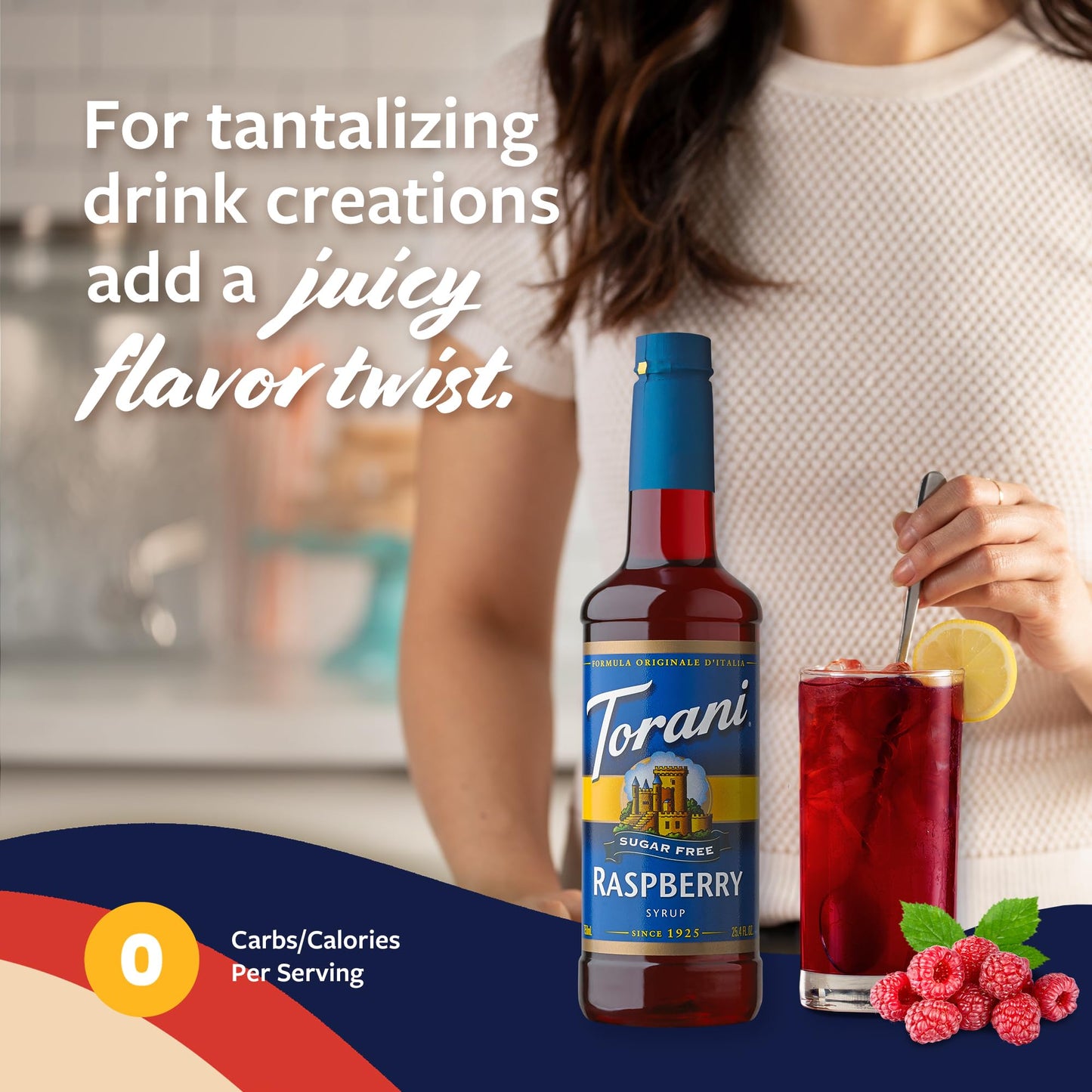 Torani Sugar Free Syrup, Raspberry Flavored Syrup For Drinks, Zero Calorie, Pump Included, 25.4 Fl Oz