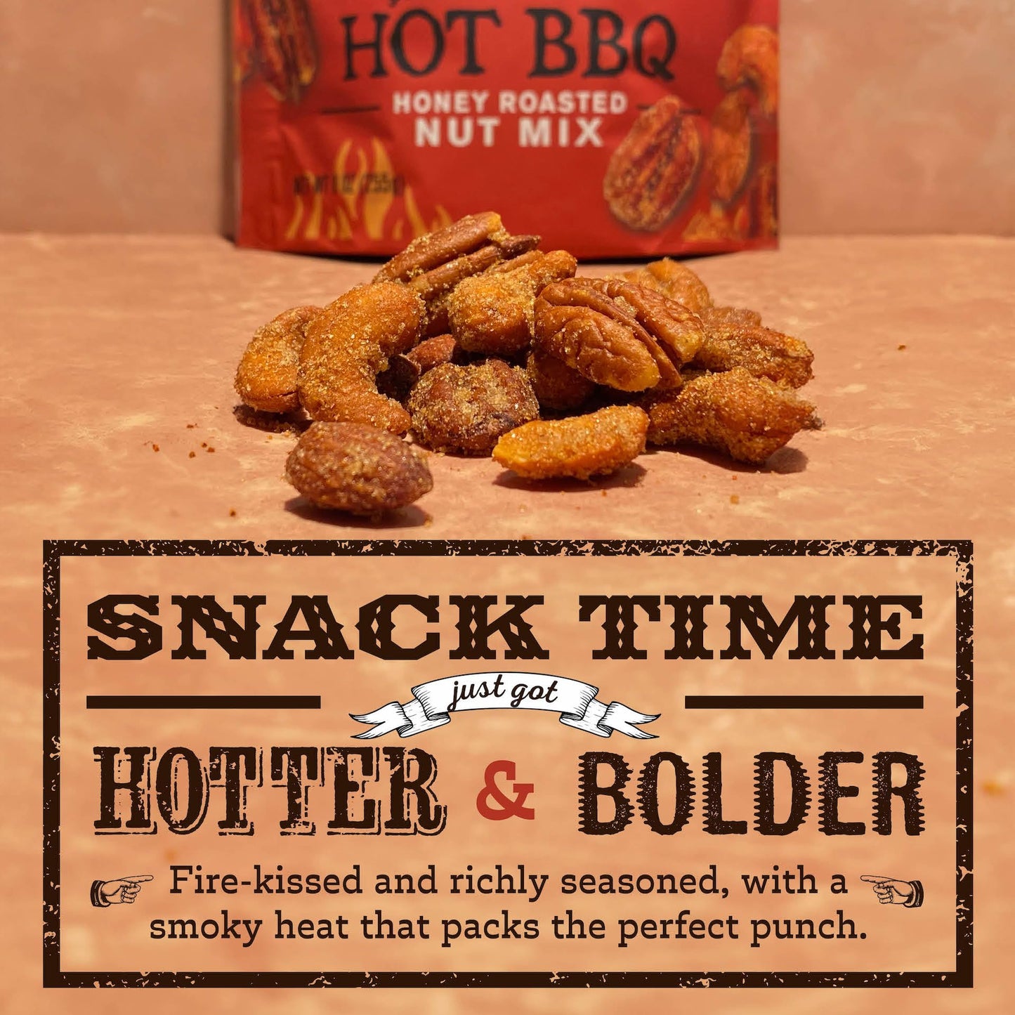 Rufus Teague Hot BBQ Honey Roasted Nuts Mix, Sweet & Spicy Almonds, Cashews & Pecans, 9 oz Resealable Pouch (No Peanuts)