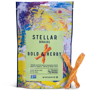 Stellar Pretzel Braids, Bold & Herby Roasted Onion And Garlic, 6 Large Snack Bags (5 Oz Each) Vegan Pretzel Rods, Sticks