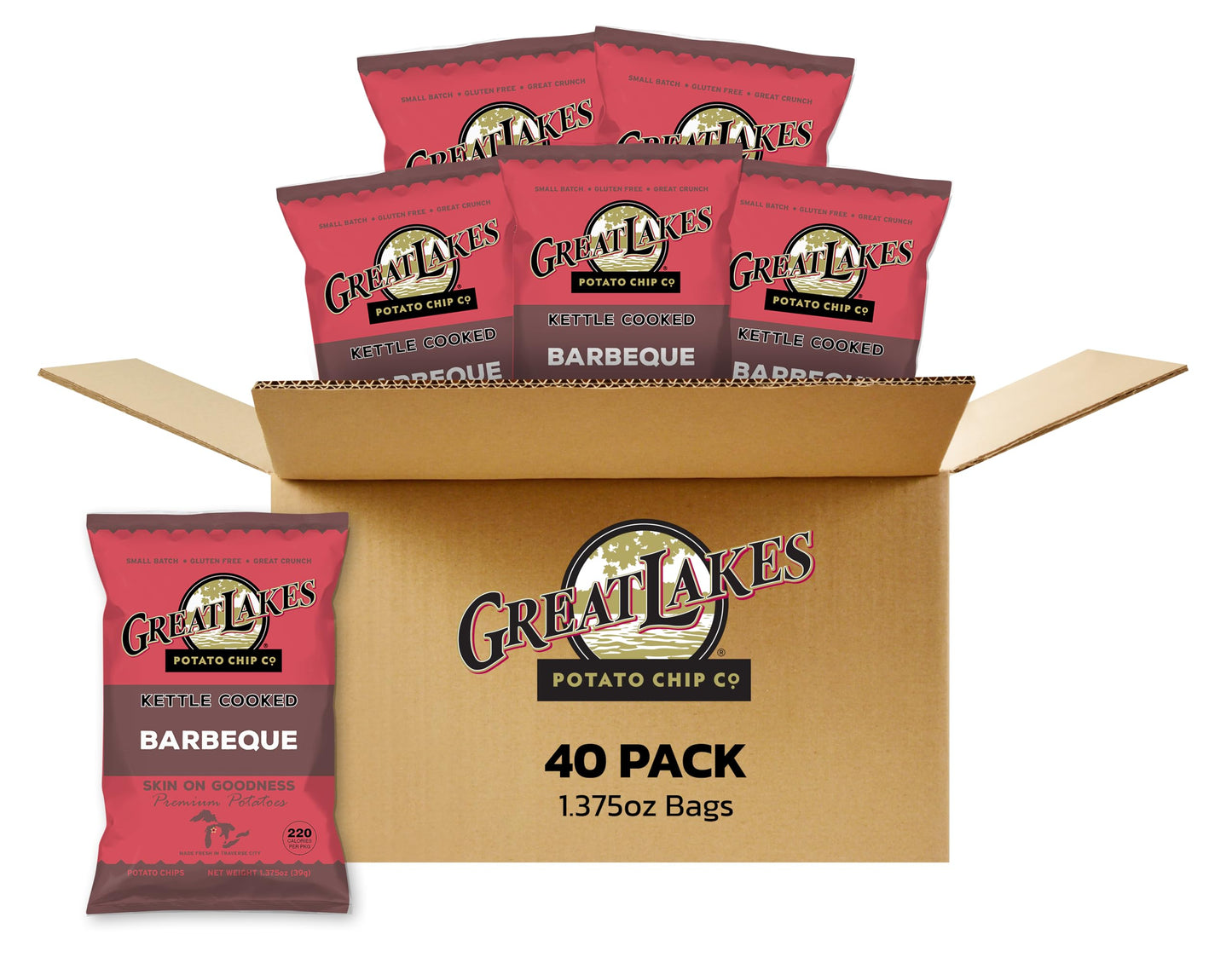 Great Lakes Potato Chip Co. Barbeque Kettle Cooked Potato Chips, Individual Snack Size Case (Pack of 40, 1.375 Oz. Bags)