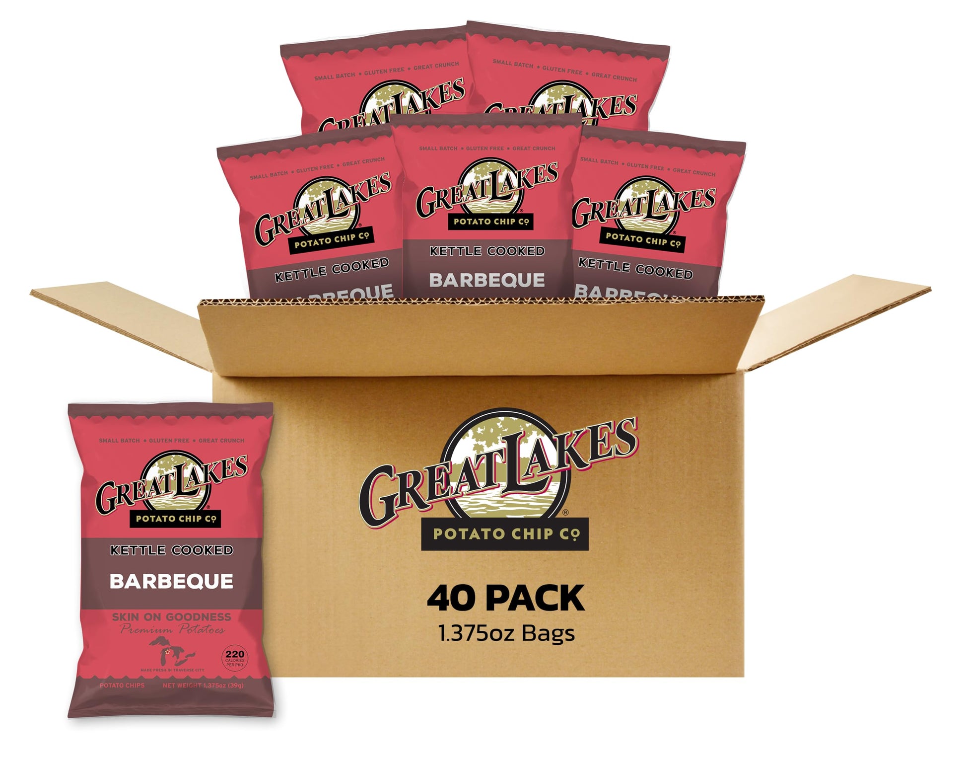 Great Lakes Potato Chip Co. Barbeque Kettle Cooked Potato Chips, Individual Snack Size Case (Pack of 40, 1.375 Oz. Bags)