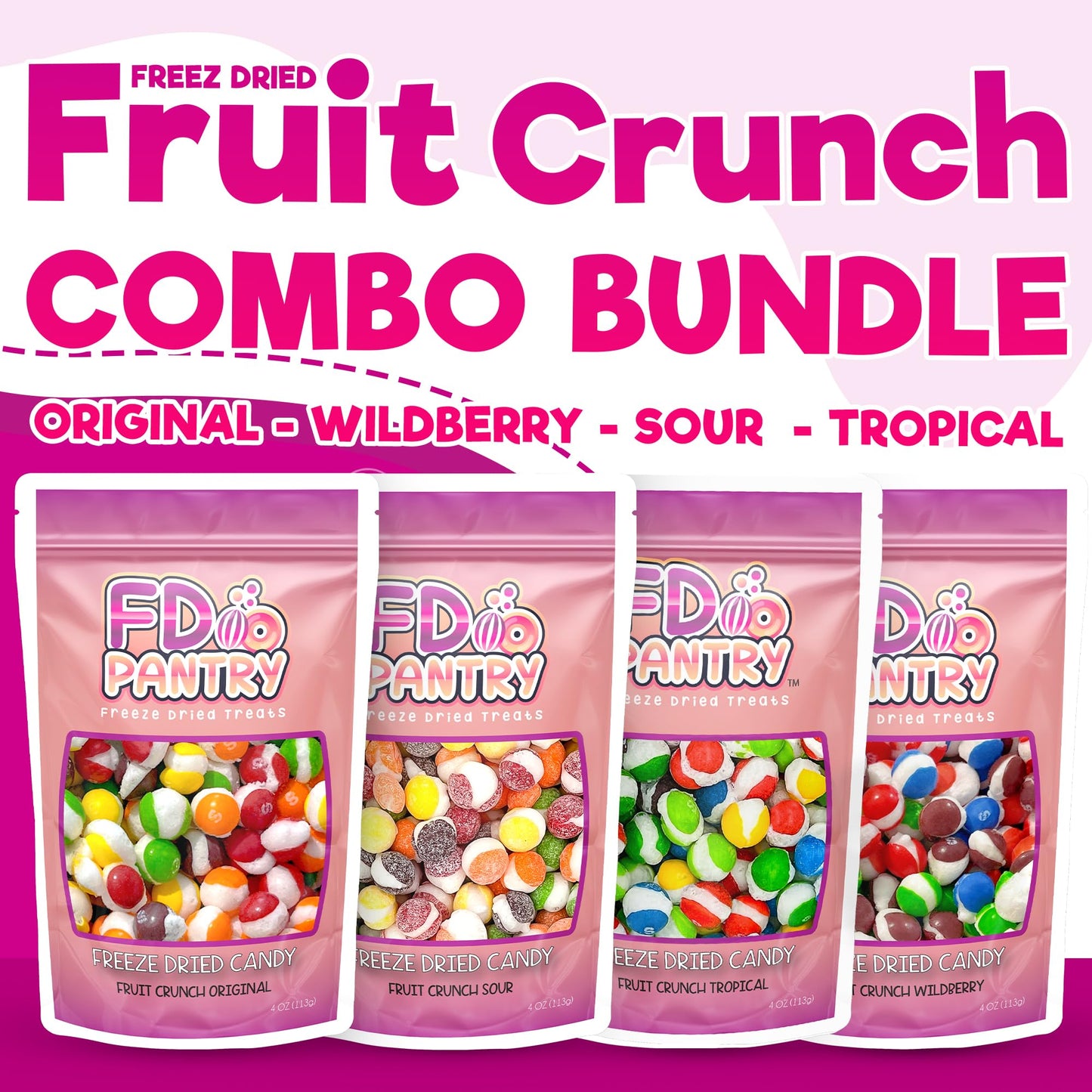 Freeze Dried Candy Variety Pack - Fruit Crunch 4 Pack, Fruit Crunch Original, Wildberry, Sour, Tropical 4 Oz (4 Count) - Assortm