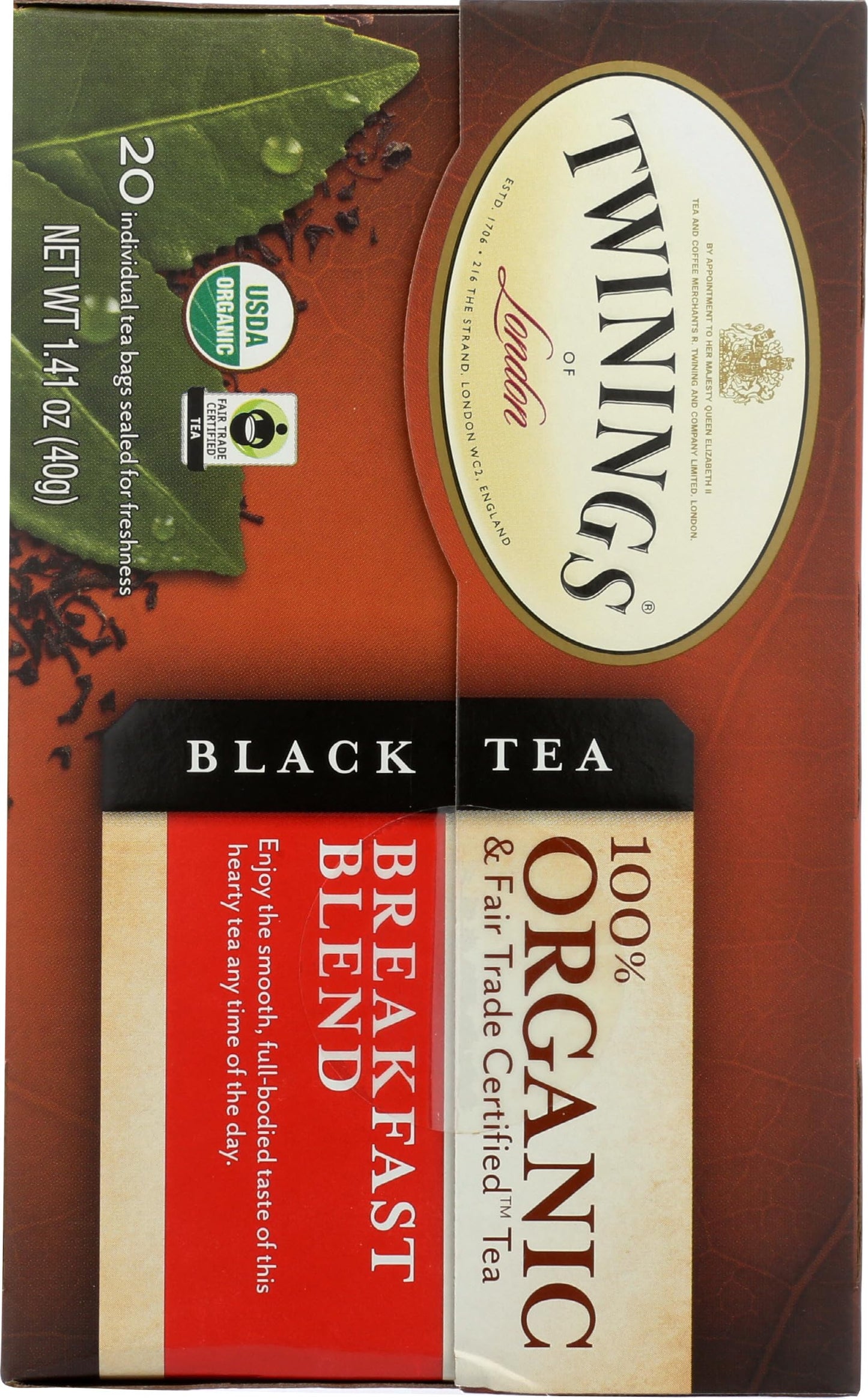 Twinings Of London Organic And Fair Trade Certified Breakfast Blend Tea Bags, 20 Count