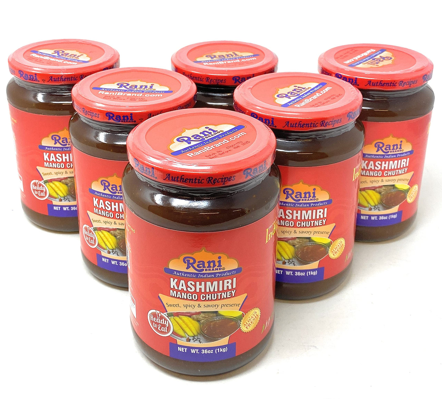 Rani Kashmiri Mango Chutney (Indian Preserve) 36Oz (2.2Lbs) 1Kg Glass Jar, Ready To Eat, Vegan, Pack Of 5+1 Free ~ Gluten Free,
